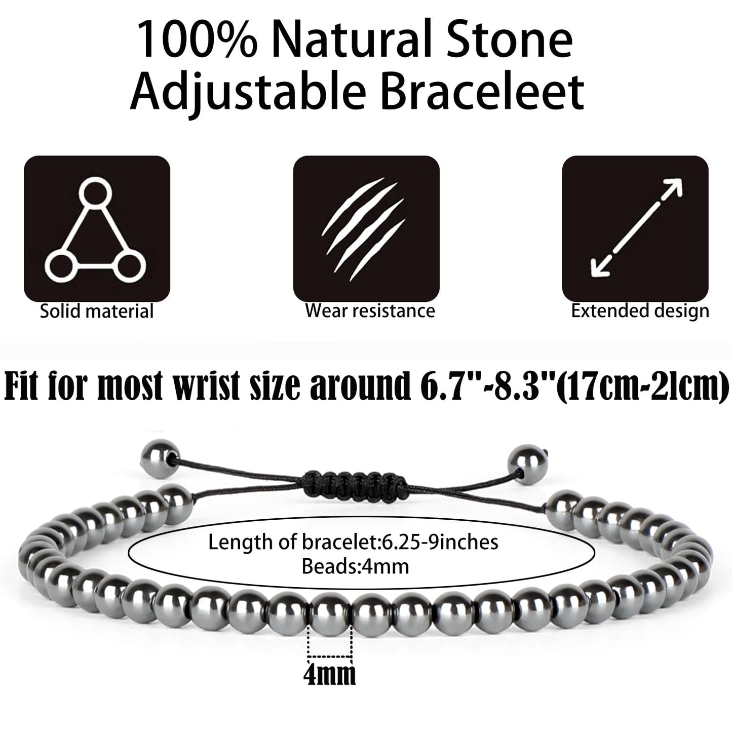 QOGIR Handmade Healing Bracelets,4mm Natural Hematite Gem Stone Beads Bracelet,for Men Women Gifts with 2PCS Size Adjustable Rope Bracelets