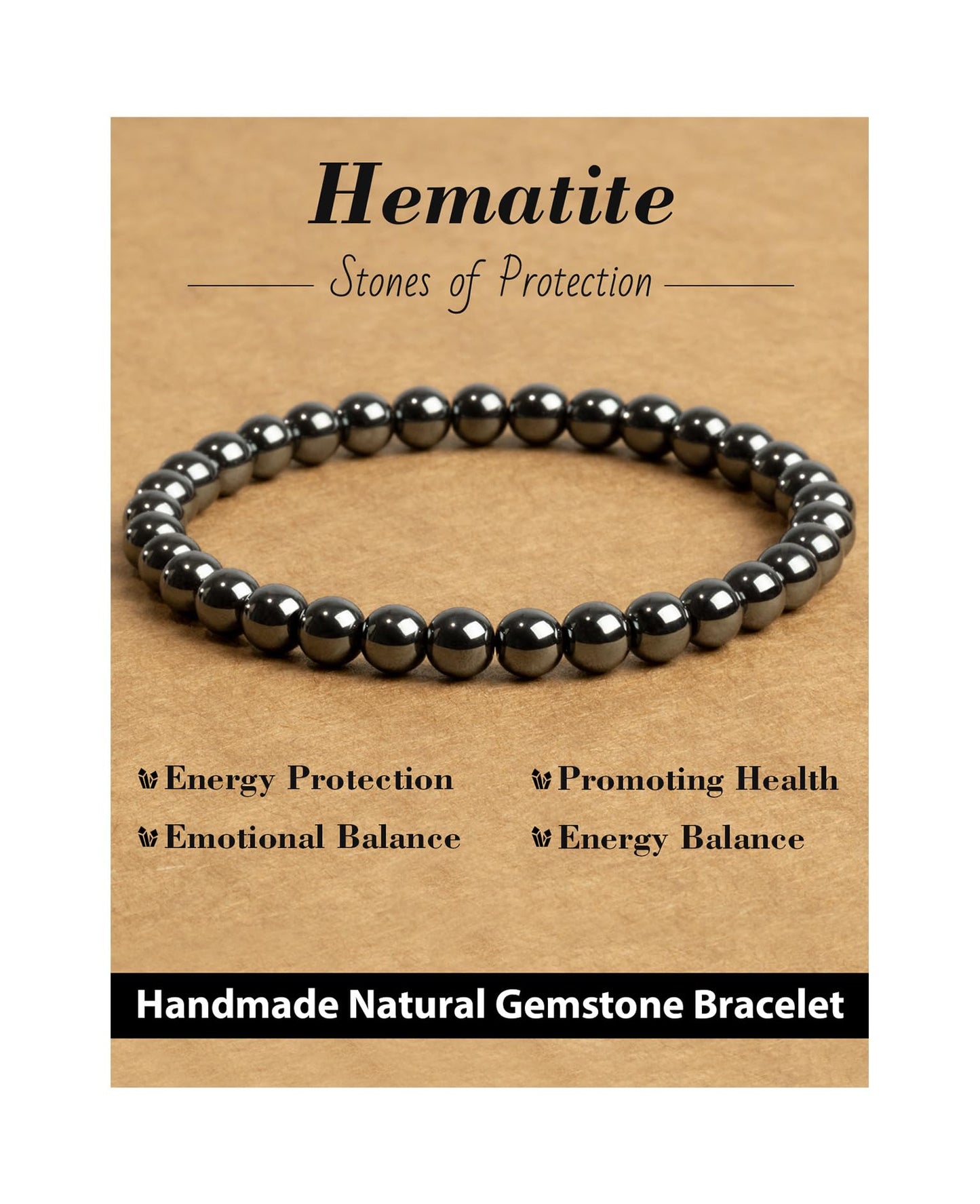 Landorilo Beaded Bracelet for Men Women, 6mm Natural Stone Hematite Healing Crystal Stretch Bracelets, Ideal Christmas Birthday Jewelry Gifts with Energy Card，Replacement Beads Included