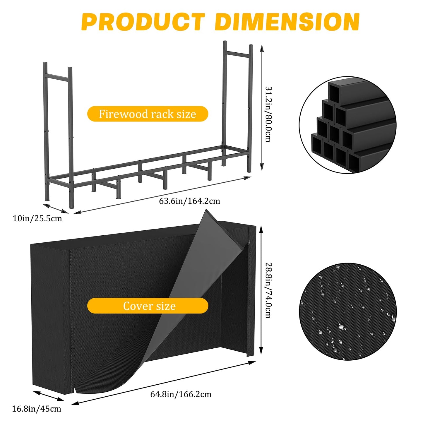 Outdoor Firewood Storage Holder with Cover, Heavy Duty Metal Indoor Log Stacker Rack with Weather Resistant 600D Oxford Fabric Cover, Wood Pile Storage Carrier Organizer Stand for Fireplace, Black