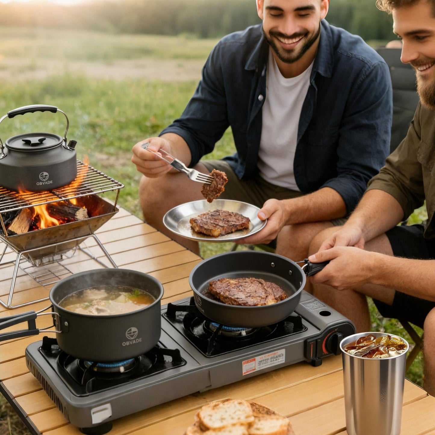 17-Piece Camping Cookware Set, Lightweight Backpacking Pot & Pan Kit with Non-Stick Anodized Aluminum, 0.45Gal Pot, 0.30Gal Kettle, 2 Cups & Cutlery Sets, Compact for Hiking, Camping, Picnic