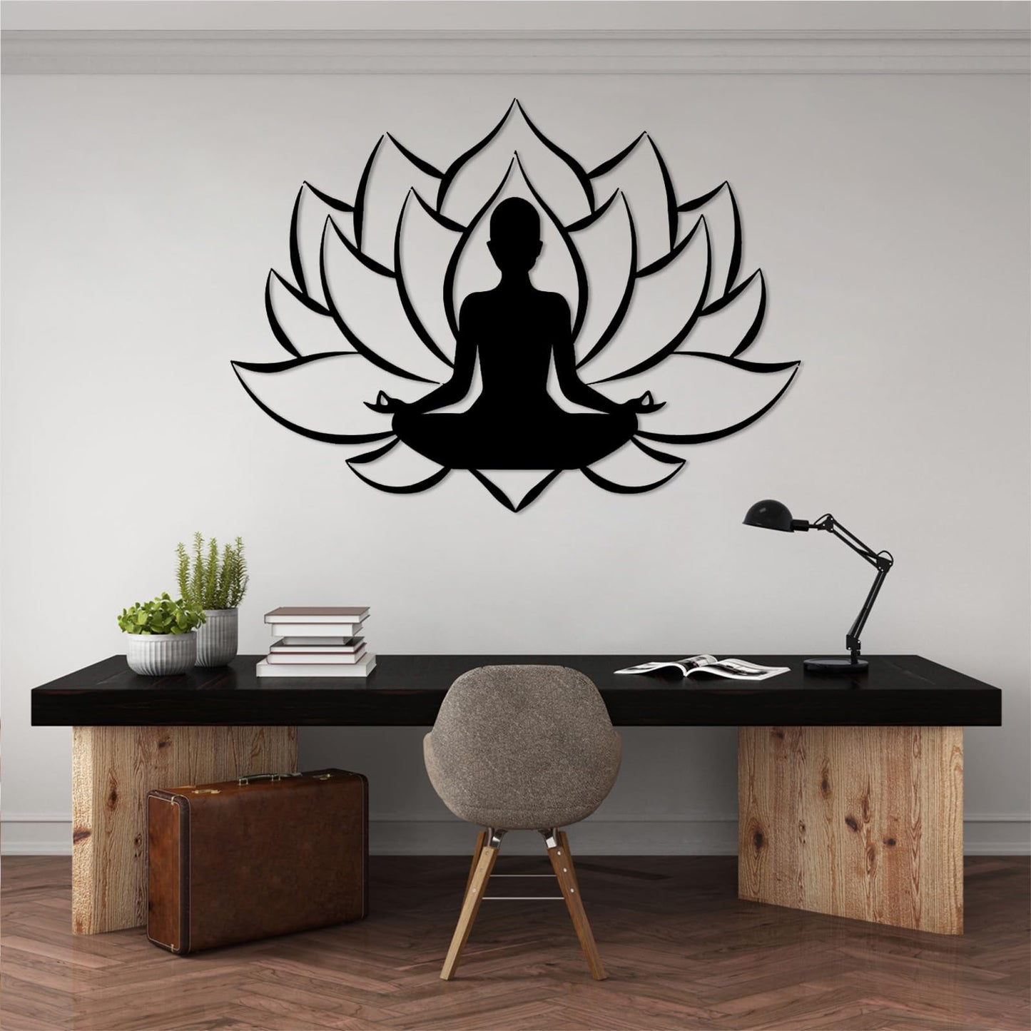 Veplsur Lotus Flower Decor, Metal Zen Wall Art, Yoga Zen Sign Decorative, Yoga Decor, Lotus Wall Hanging, Meditation Wall Art, Symmetry Art, Yoga Studio Decor, Home Decor (Black, 24"x17"|60x44cm)