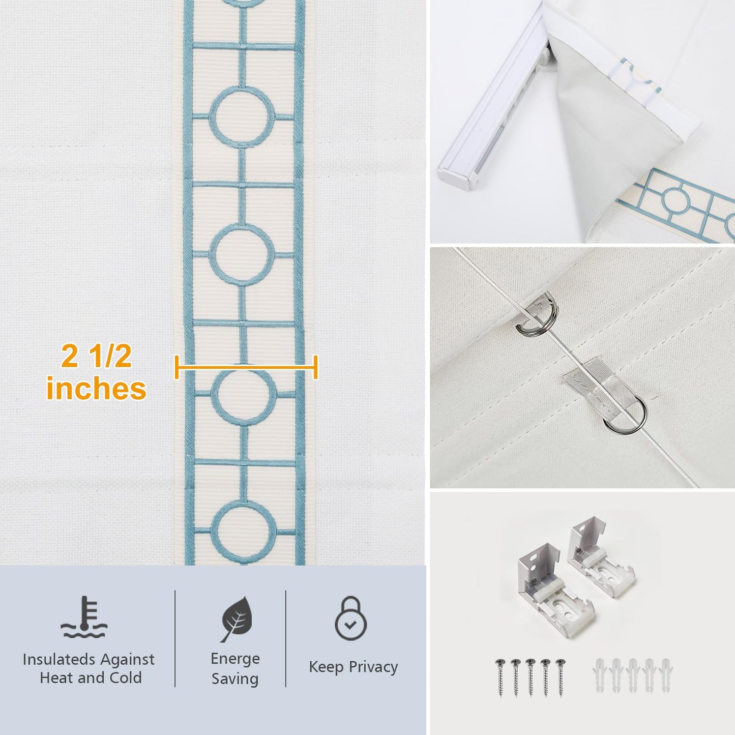 Cordless Roman Shades, Blackout Roman Shades, White Embroidered Blue Border Window Shades for Windows, Doors, Kitchen Windows