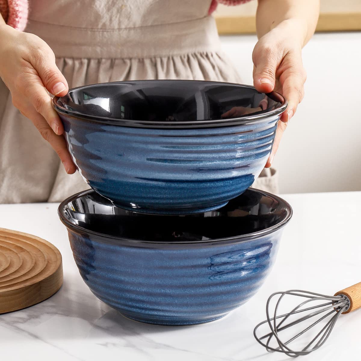 HASENSE Serving Bowls, 60 Ounces Ceramic Salad Pasta Soup Bowls, 8.5 inch Large Bowls for Kitchen Ramen Pho Fruit Cereal Popcorn, Microwave and Dishwasher Safe, Set of 2, Blue