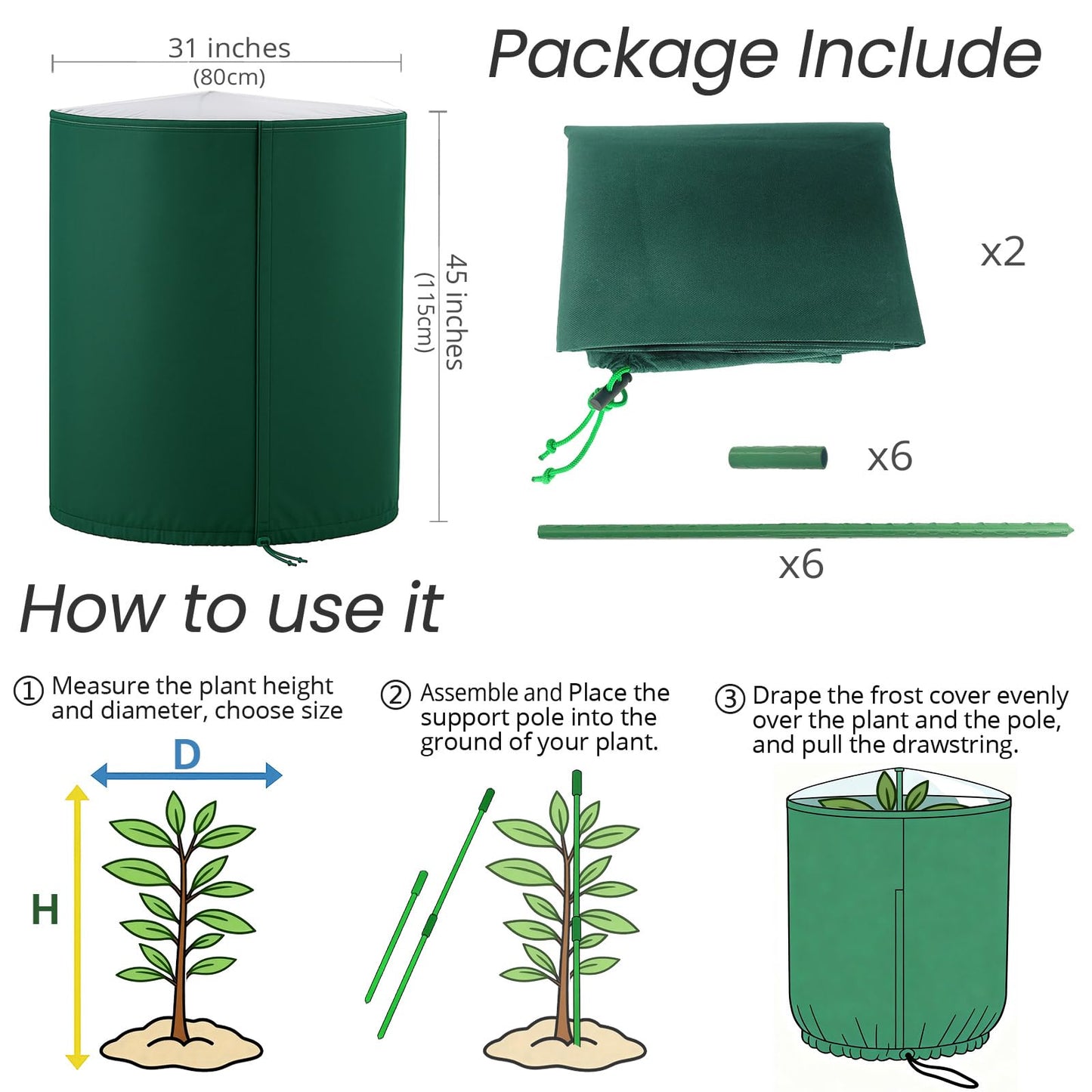 Gardeningwill 2 Packs 31" Dia x 45" H Winter Plant Cover – Cylindrical Shrub & Tree Protection Bag with Transparent Top, 3.5oz/yd² Frost Cloth, Drawstring and Hook & Loop Straps