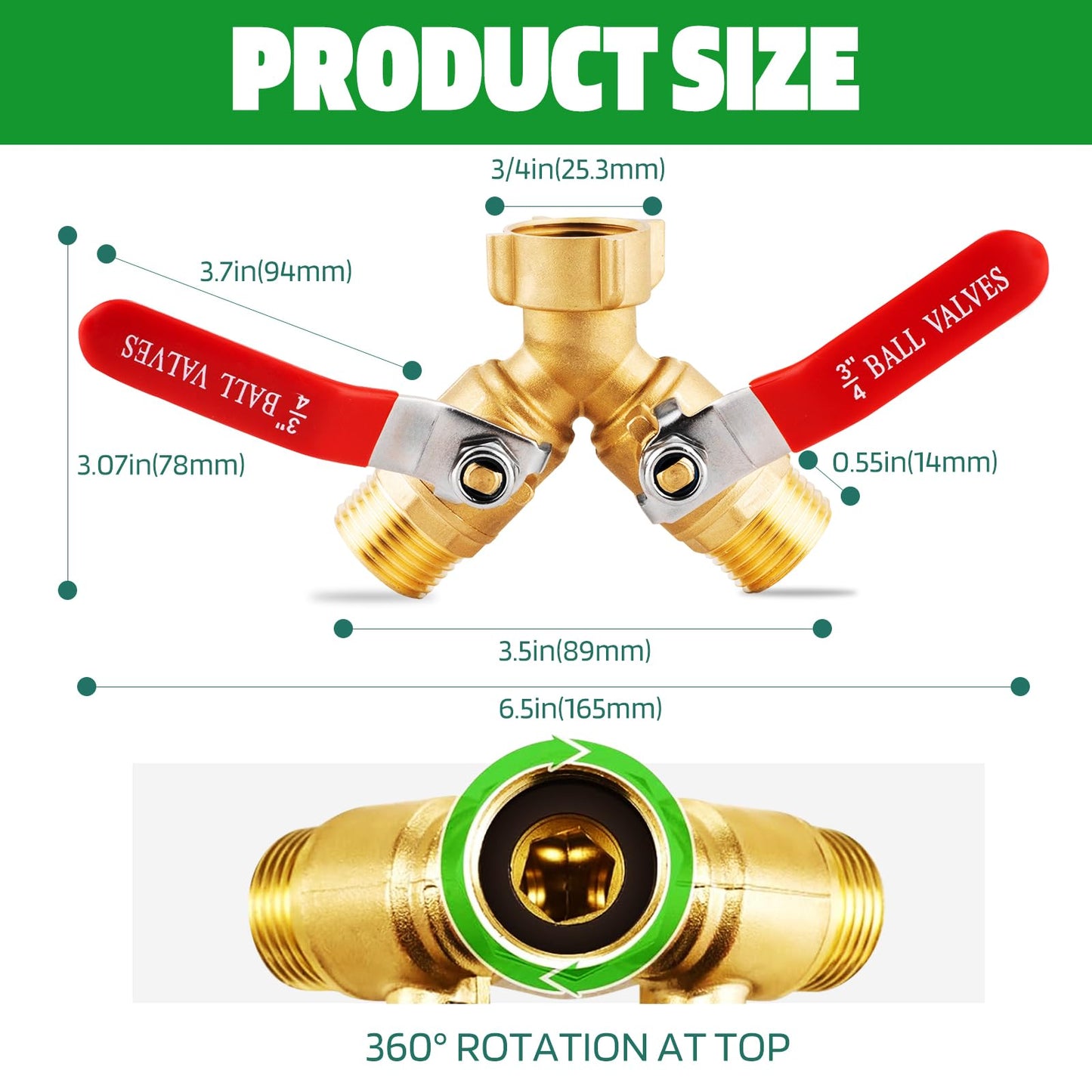 ZZBUY Hose Splitter 2 Way Heavy Duty, 3/4 Inch GHT Thread Y Valve Connector with Stainless Steel Long Handle, Full Flow Brass Garden Hose Splitter for Outdoor Faucet, Washing, and Garden Irrigation