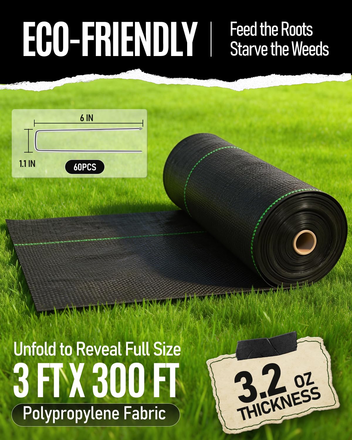 joyhalo 3ft x300ft Weed Barrier Fabric Heavy Duty, 3.2oz Woven Garden Geotextile Fabric, High Permeability for Weed Blocker Mat, Weed Control Garden Cloth for Driveway, Gravel, Greenhouse