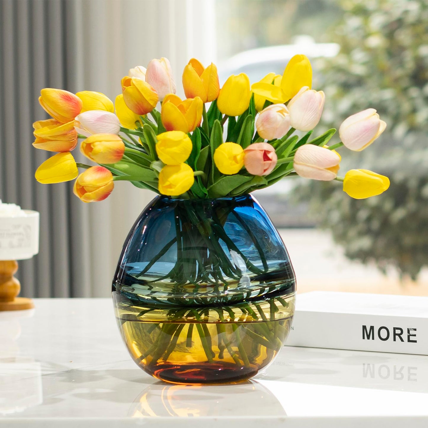 Glass Handmade Decorative Vase Ombre Centerpiece Vase with Yellow Base, Flower Vase for Home Decoration (Low vase)