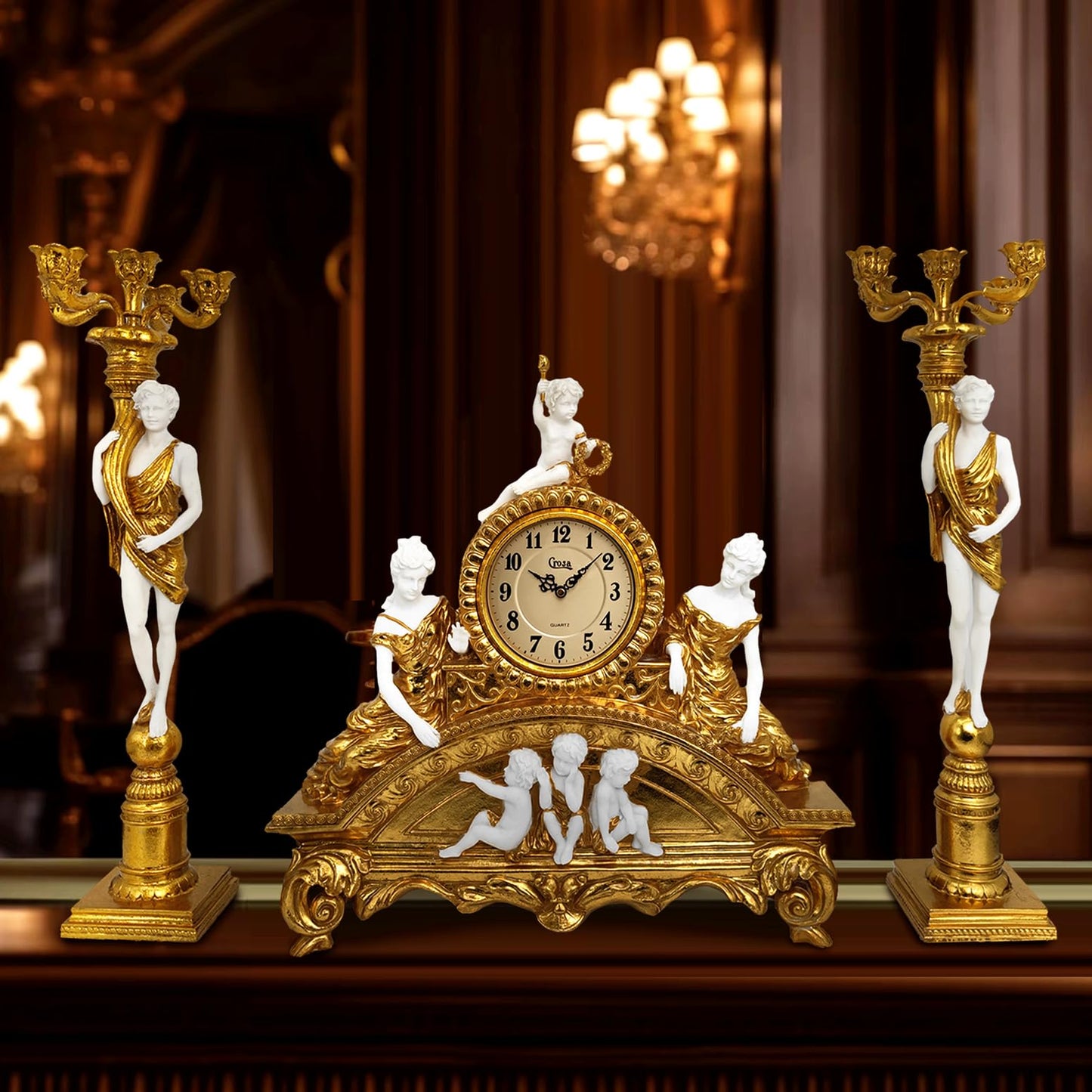 GENUINQ Clock Ornate Rococo Style Mantel Clock with Candelabras Candle Holders Gold for Home Decor