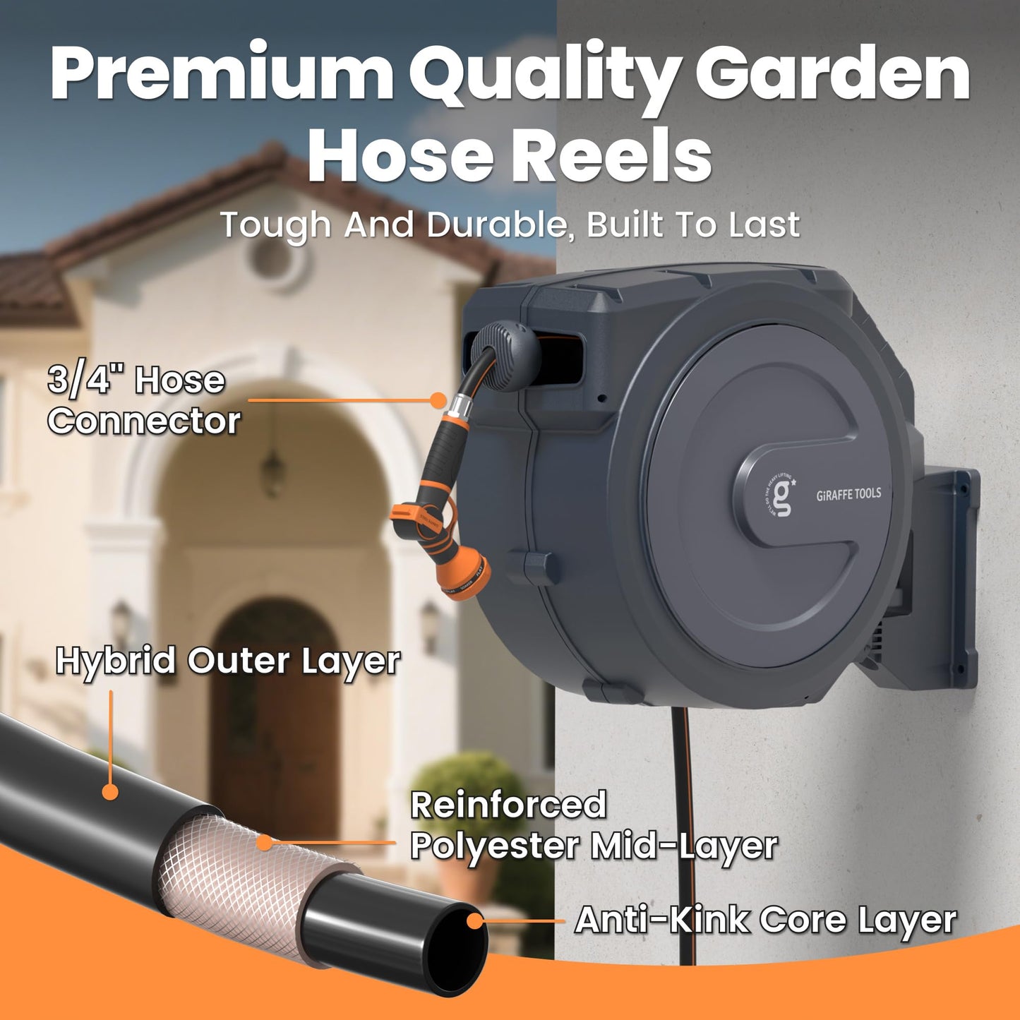 Giraffe Tools Retractable Garden Hose Reel, 5/8" x 62 ft Wall Mounted Hose Reels with 180° Swivel Bracket, Any Length Lock Hose Reel with 9- Function Sprayer Nozzle