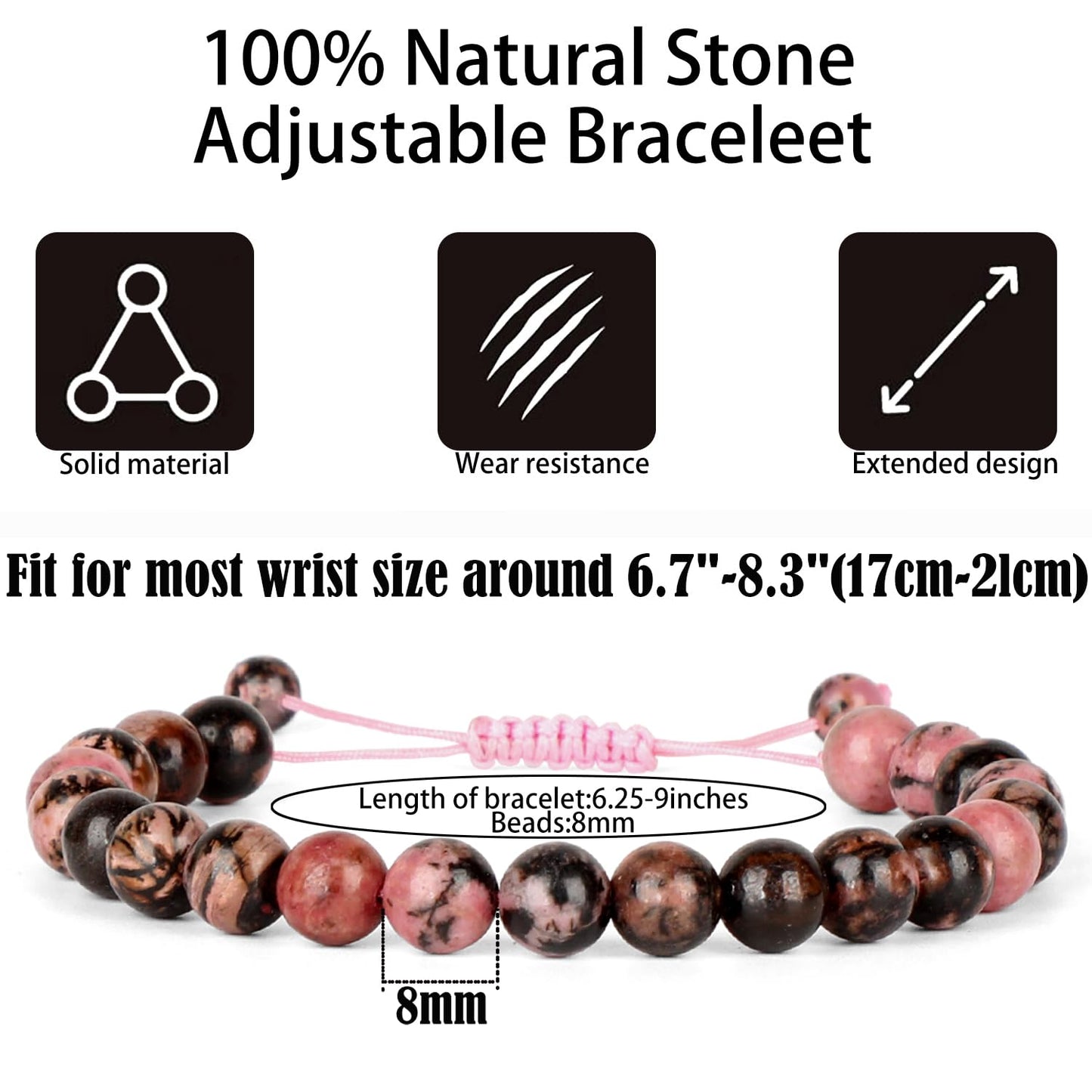 QOGIR Handmade Healing Stones Bracelet,8mm Natural Black Rhodonite Gemstone Beads Bracelet,for Men Women Gifts with 2PCS Size Adjustable Rope Bracelets
