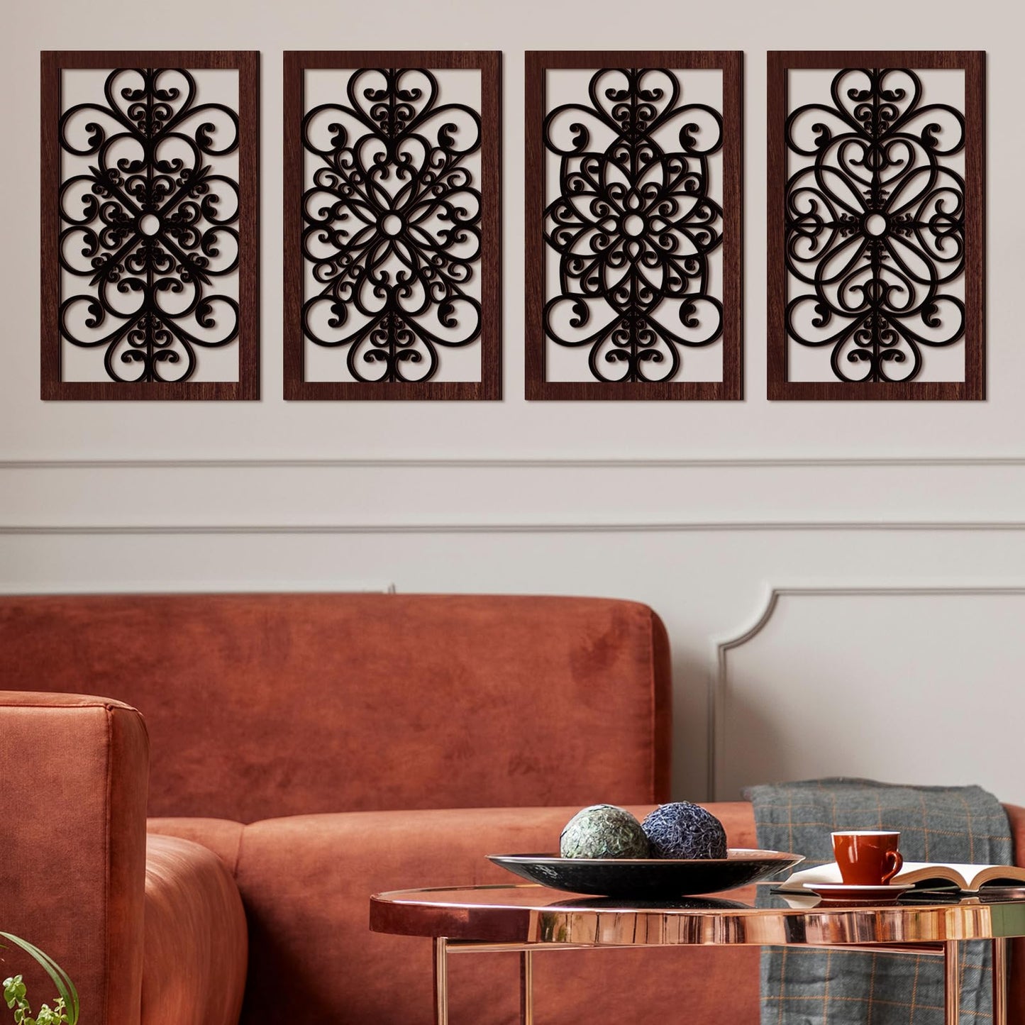Yulejo 4 Pieces Thicken Rustic Wall Decor Modern Farmhouse Wall Art Decor Wooden Hollow Carved Design Rustic Art for Living Room Hallway Office Kitchen Decoration