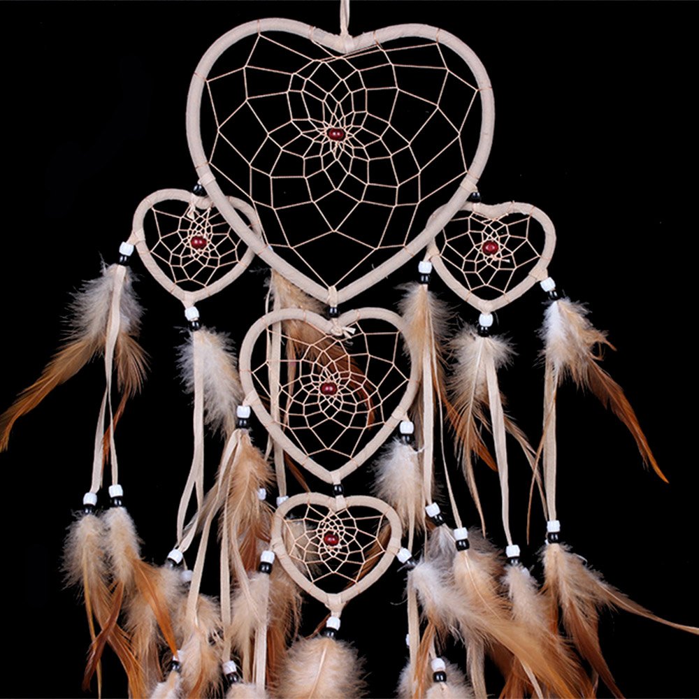 WESTONETEK Large Handmade Dream Catcher Traditional Dreamcatcher Feather Wall Hanging Decoration Ornaments Five Hearts Beige