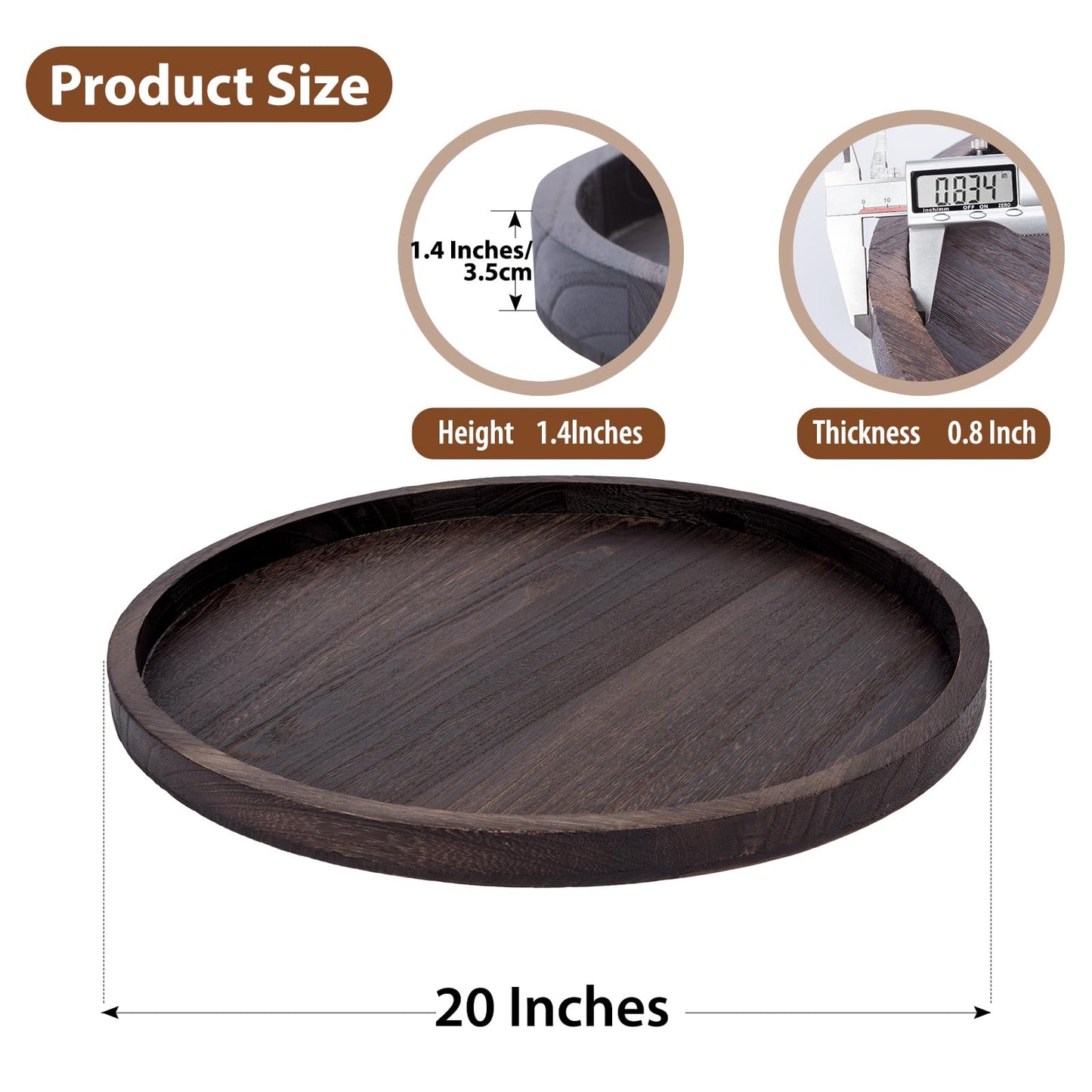 Round Ottoman Tray for Coffee Table Living Room Wood Serving Tray Large Wooden 20 Inches Rustic Brown
