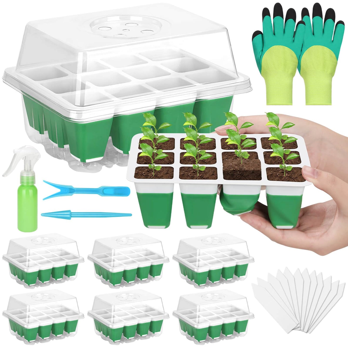 Mckanti 6 Pack Silicone Seed Starter Tray, Reusable Seed Starter Kit with Humidity Adjustable Dome, Lid and Tools for Indoor Seed Germination