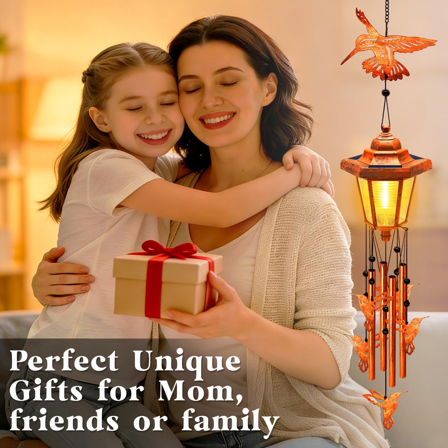 Hummingbird Solar Wind Chimes for Outside, Birthday Gifts for Mom Women Grandma Mother's Day Memorial, 34-Inch Windchimes with Wind Spinner, Outdoor Hanging Solar Lights Waterproof Yard Garden Decor