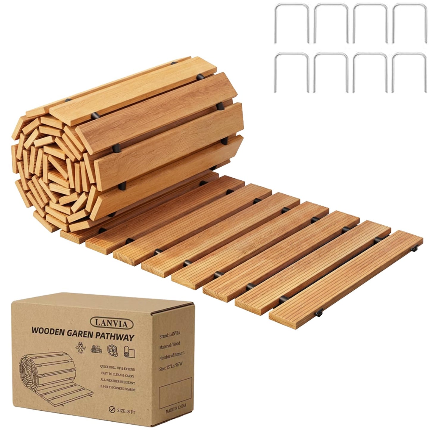 Wooden Garden Pathway Outdoor Walkway - 8 FT Roll Out Outdoor Pathway with Ground Stakes, Boardwalk Pavers for Outside Walkway, Non-Slip Garden Path for Backyard Decor, Lawn Landscaping, Natural