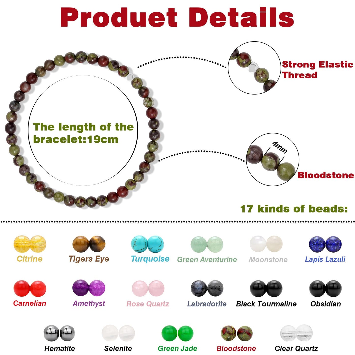 Raicegs 4MM Bloodstone Beaded Bracelets Healing Crystal Bracelet for Women Men Natural Stone Handmade Stretch Bracelet Reiki Spiritual Jewelry