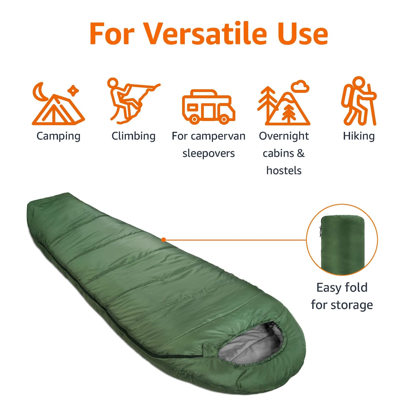 Amazon Basics 20°F Cold Weather Mummy Sleeping Bag for Hiking, Outdoor Camping with No-Snag Zipper, Portable, 82" x 33", Olive Green