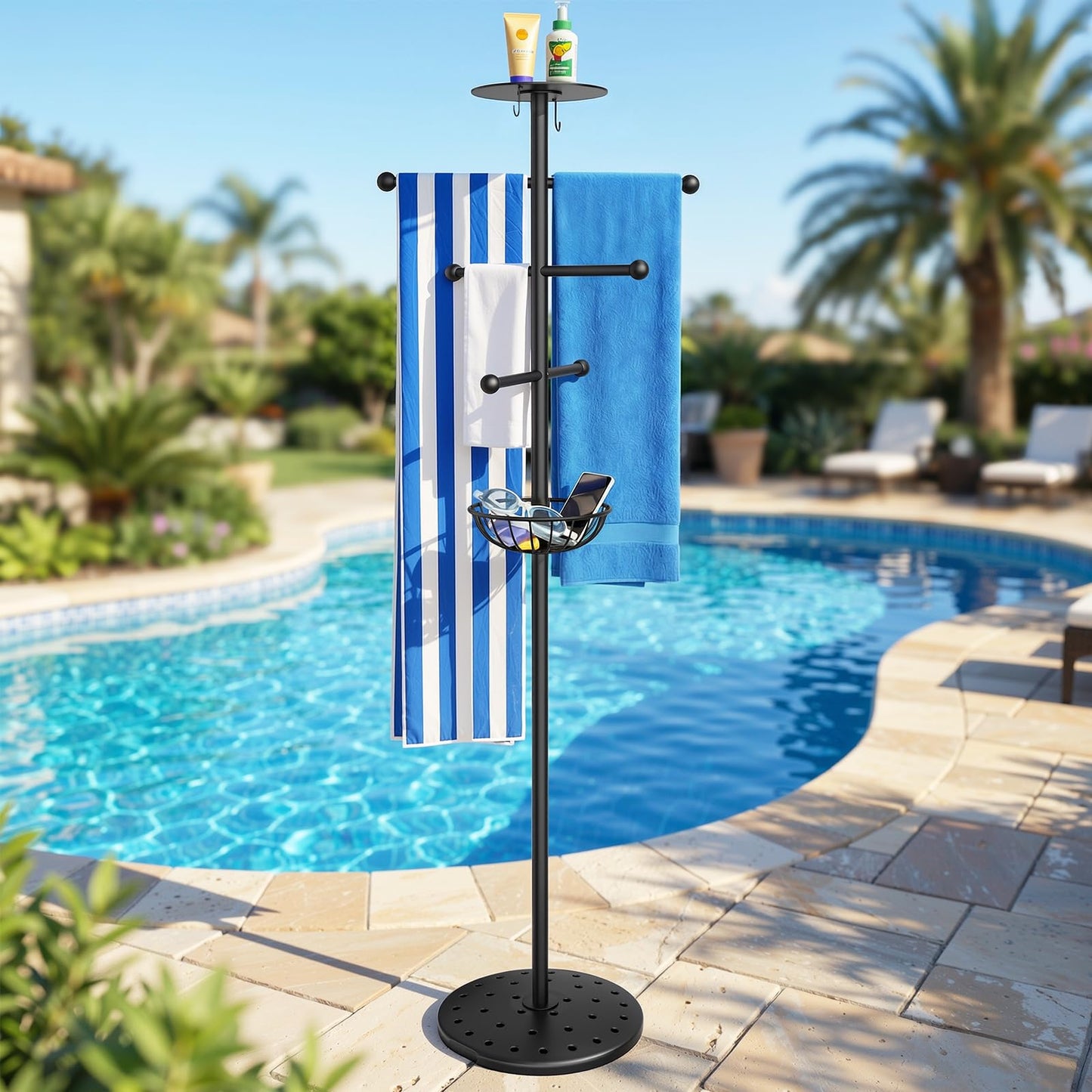 Luxspire Pool Towel Rack Outdoor, 6 Bars Outdoor Pool Towel Holder, 63 inch Heavy Duty Pool Accessories Outdoor Towel Rack with Tray and Hooks Storage for Beach, Hot Tub, Bathroom, Backyard, Black