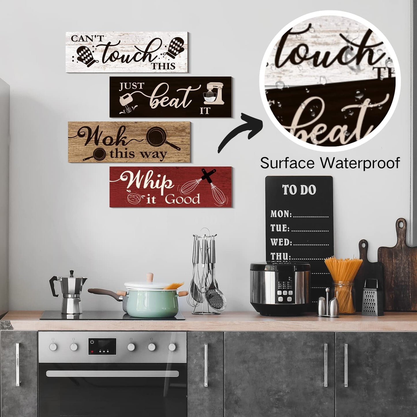 4 Pcs Kitchen Wall Decor Signs, Funny Wood Home Sign, Rustic Farmhouse Wall Hanging Art for Kitchen Dining Room Decoration (Retro Style-A, 4 x 11.8 inch x 4pcs)