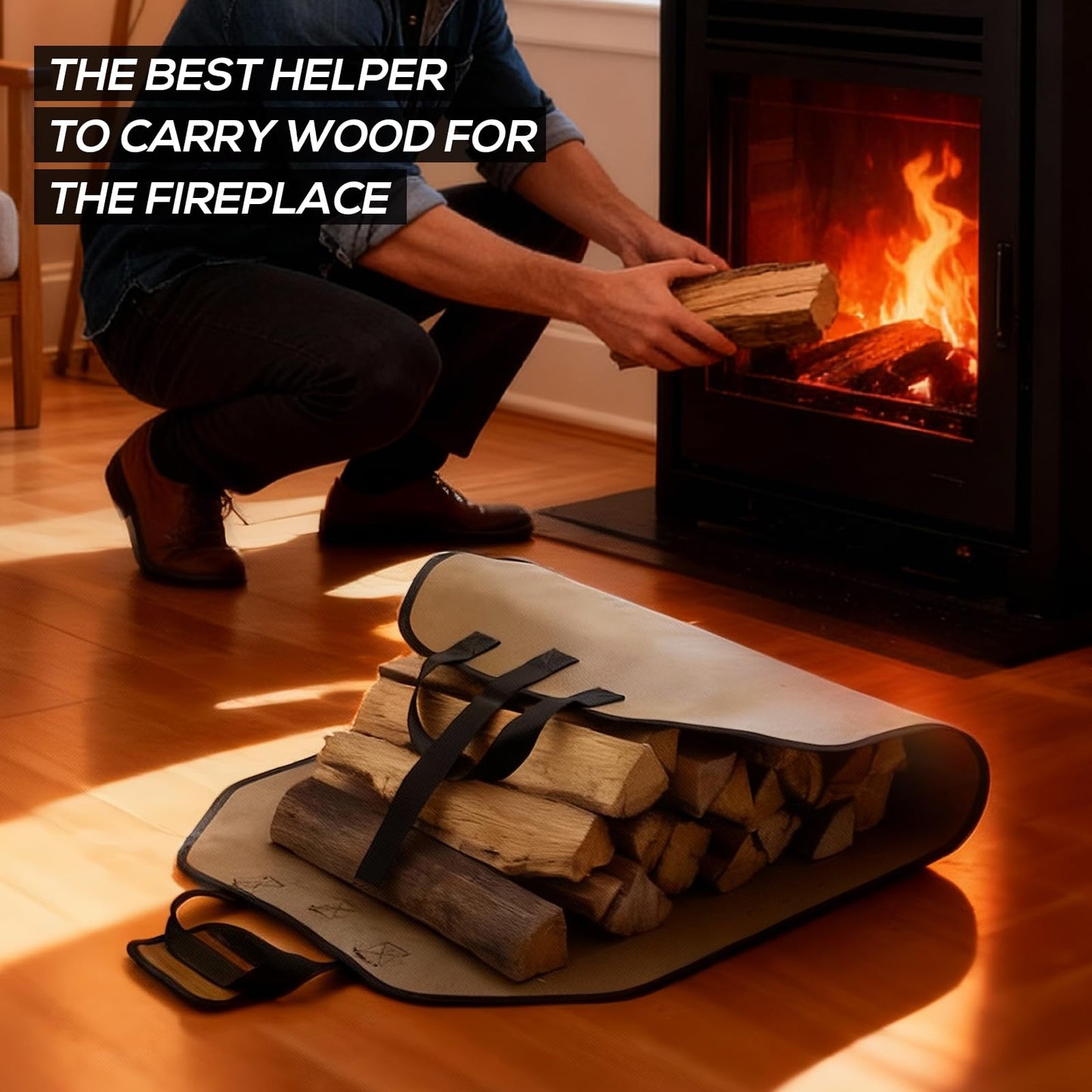 PAWBOSE Fireproof Fireplace Mat Hearth Rug and Firewood Carrier Firewood Bag, Great Gift for Cabin, Large Fire Wood Sling Carrier with Handles, Protect Floors Carpets from Sparks Embers-Tan