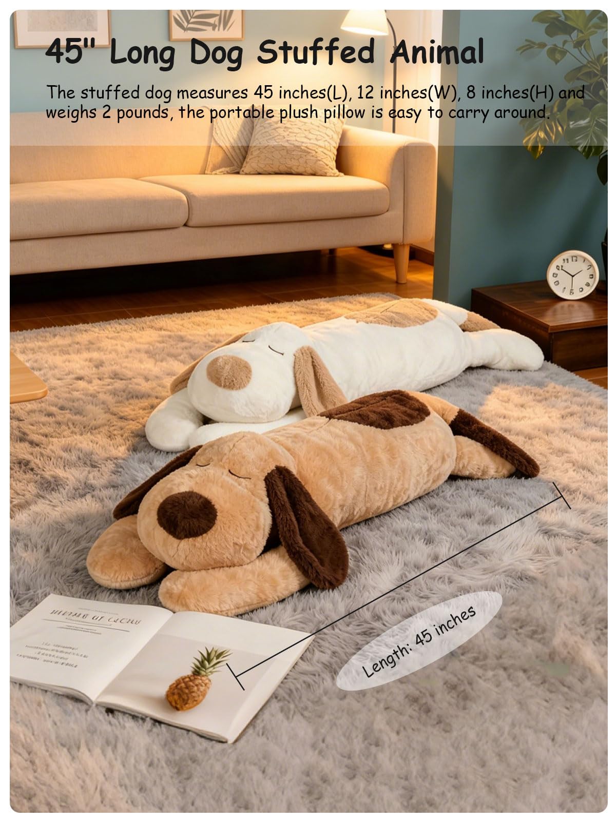 FIAEUGZKM Large Dog Plush Body Pillow, 45" Long Fluffy Dog Stuffed Animal for Girls, Soft Cuddly Stuffy Birthday Gift Home Decor Plushy Toy for Kids Teens Adults Girlfriends, White