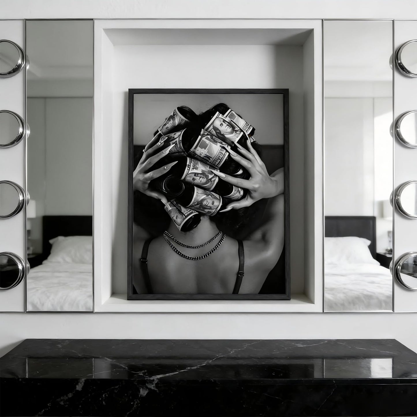 Framed Black and White Fashion Canvas Wall Art Luxury Feminist Picture Wall Decor Trendy Woman with Money on Head Poster Print for Girls Bedroom Apartment Dorm Bar Cart Home Decoration 12x16in