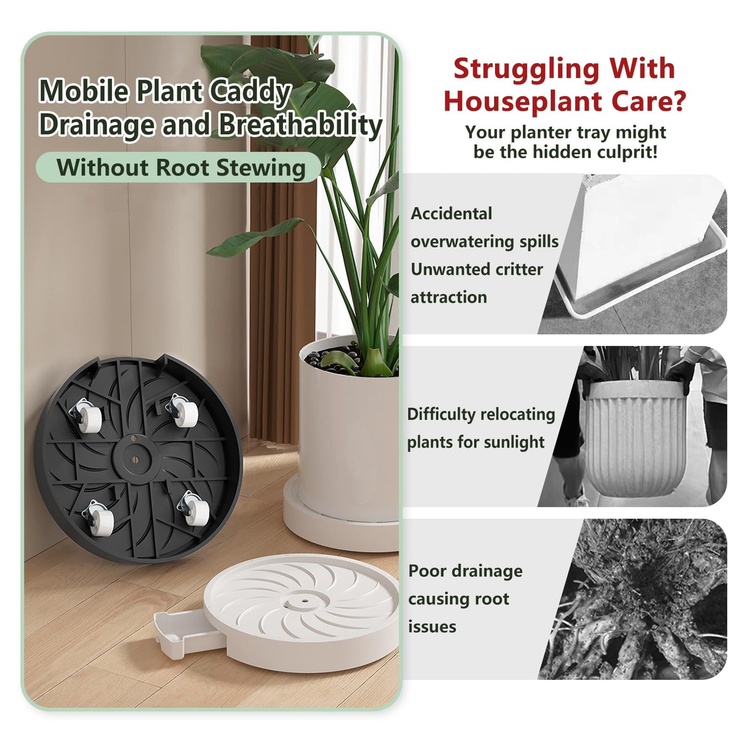MCleanPin 2 Pack Plant Caddy with Hidden Wheels, 13" Heavy Duty Rolling Plant Stand with Removable Drainage Tray and Silent Casters Round Flower Pot Mover Planter Dolly for Indoor Outdoor Black