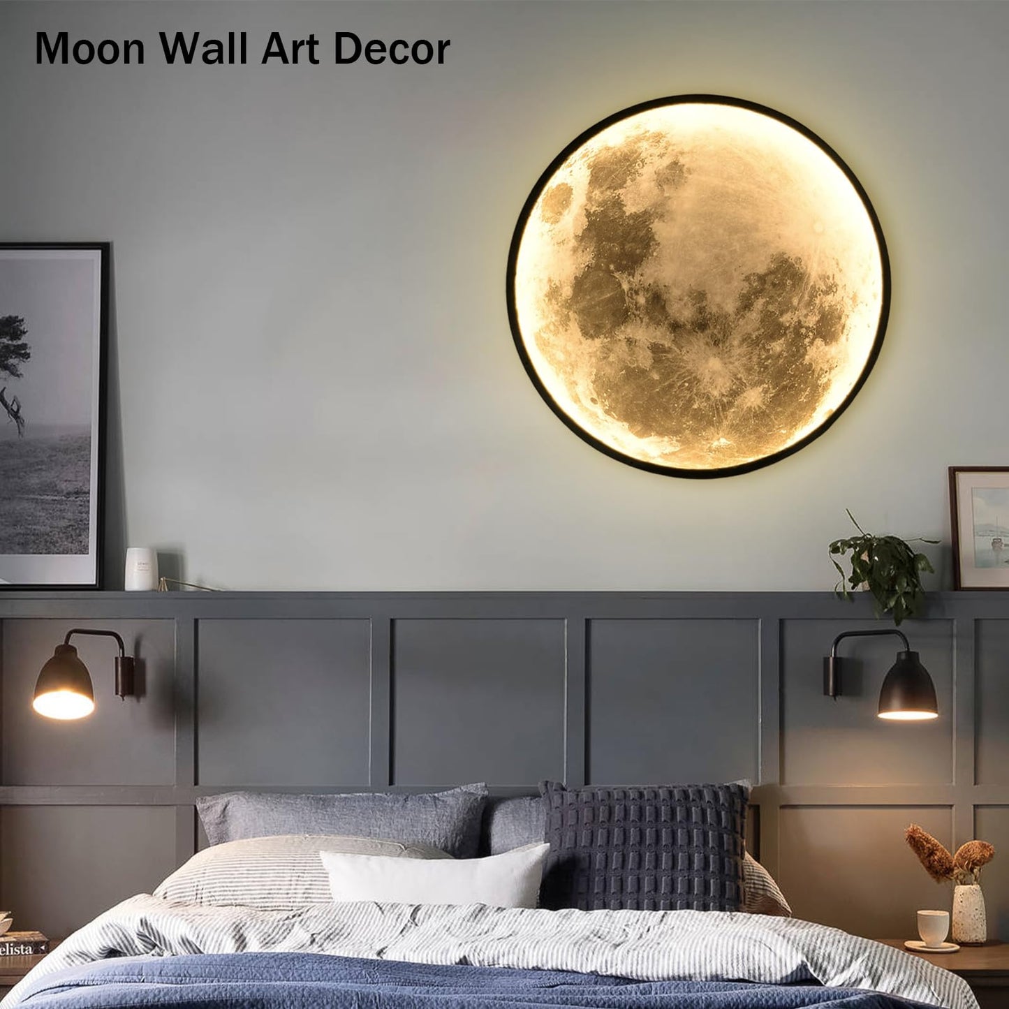 Clcmber Dimmable Moon Wall Light 31.5 Inch Indoor Plug in LED Wall Sconce with Romote Control Black Modern Wall Lamps for Bedroon Living Room Decor Lighted Wall Art
