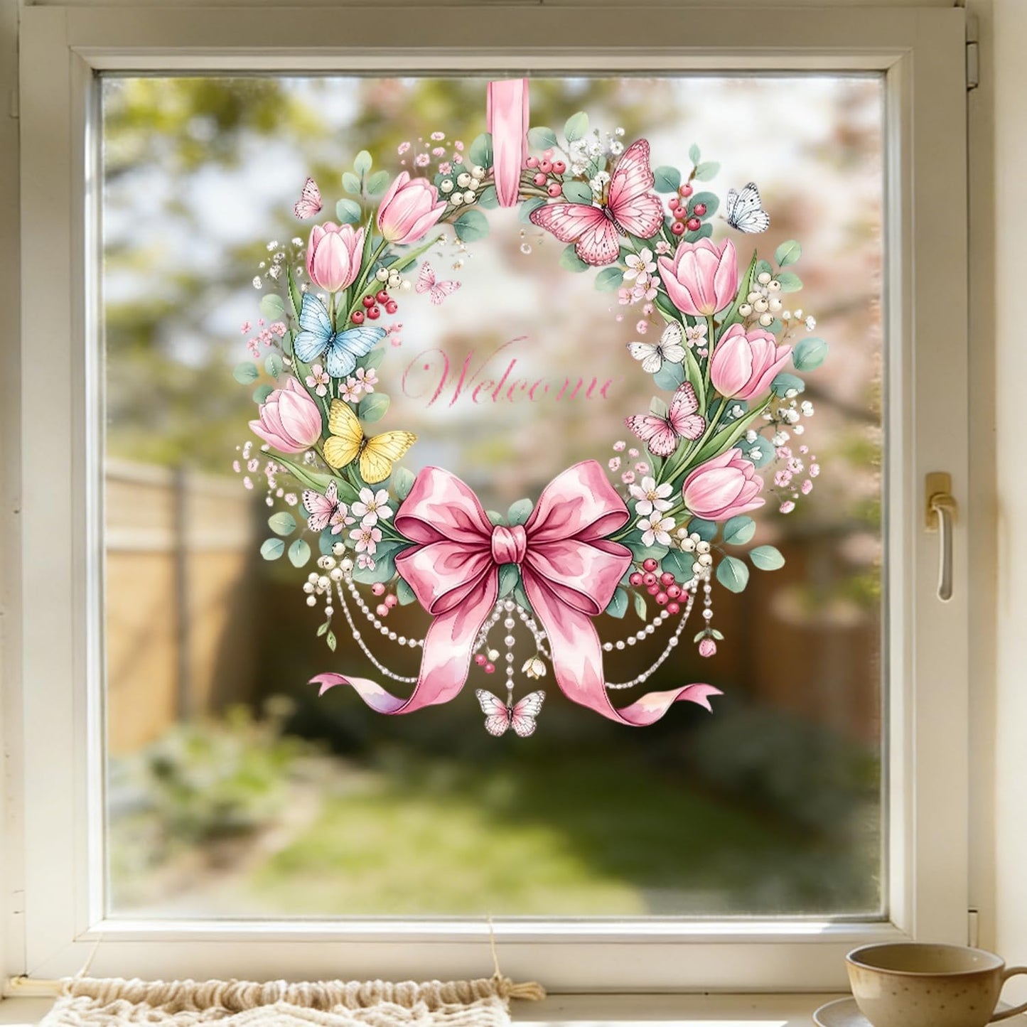 Summer Bow Welcome Window Clings Pink Tulip Flower Window Stickers with Butterfly Daisy Design Static Window Decals Easy to Clean Spring Glass Decals for Home Spring Theme Party Decor 1 Pcs