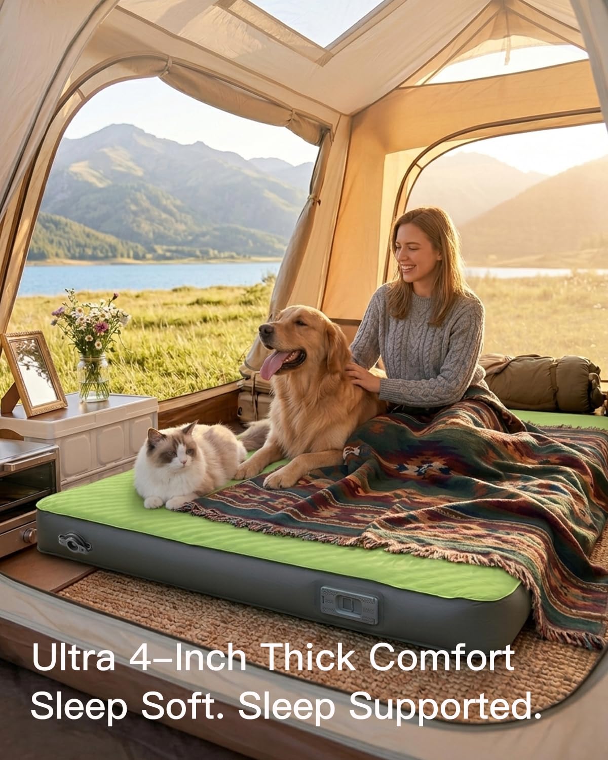 Byomostor 4" Ultra-Thick Foam & Air Camping Mattress with Built-in Rechargeable Air Pump, 9.5R Insulated Foam Air Mattress for Car, Truck, Rooftop Tent – Double Size, Portable All-Season Sleeping Pad