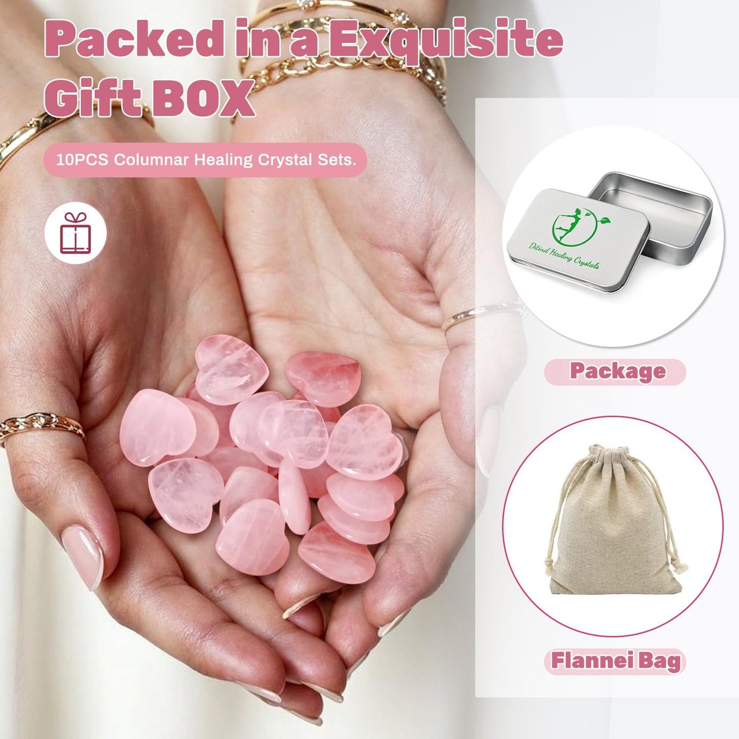 Ditind 10PCS Rose Quartz Heart Healing Crystals – Natural Handcrafted Gemstones for Love, Energy Balancing & Meditation, Crystals and Healing Stones for Spiritual Growth & Relaxation.