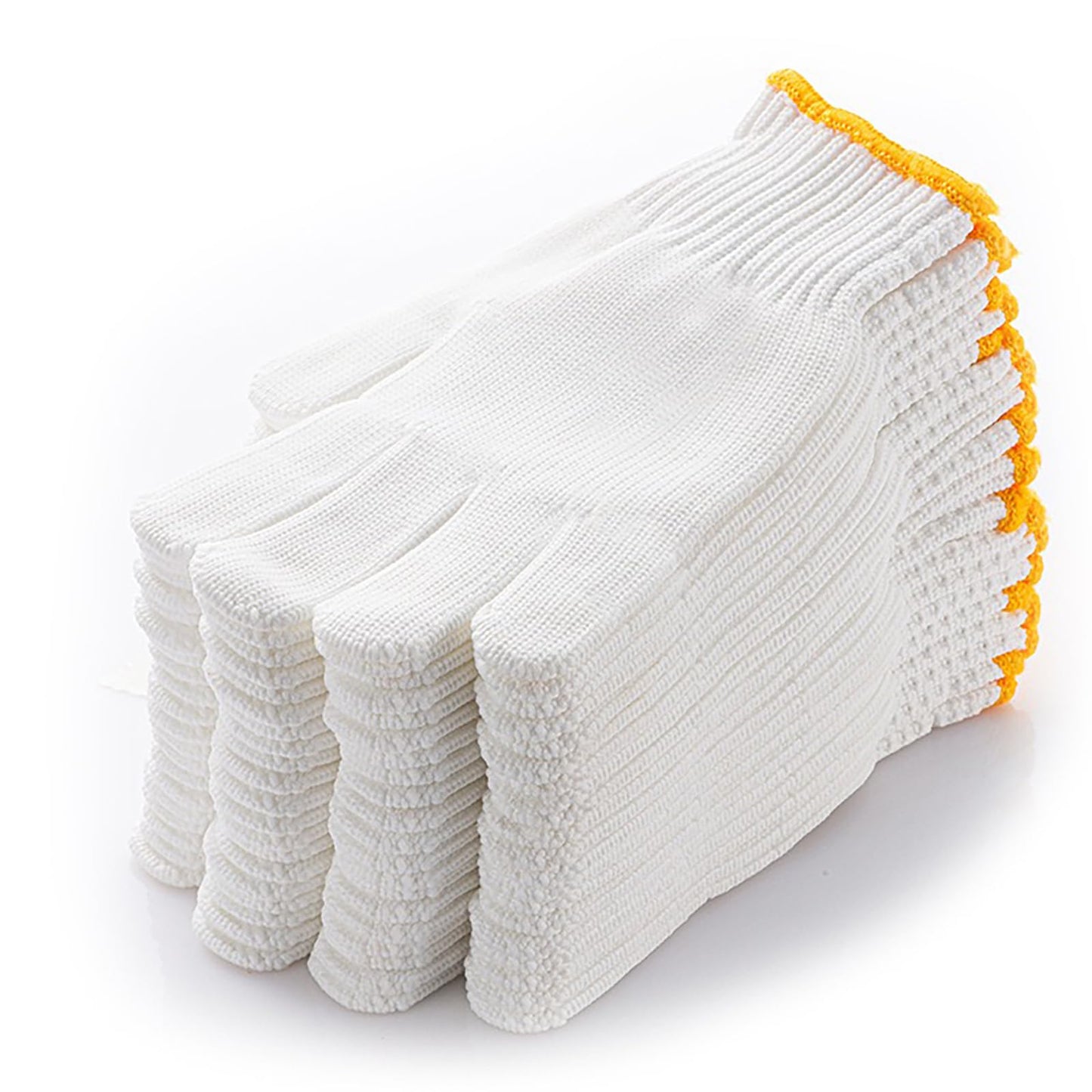 Safety Work Gloves 12 Pairs Polyester Knitted Gloves for Garage Warehouse Painter Mechanic Industrial Gardening Construction (White / Yellow Border)