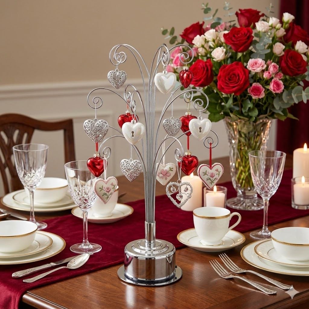 HOHIYA Ornament Display Stand 360° Rotating Christmas Tree Display with 15 Metal Hooks Tabletop Ornament Hanger for Crystal Glass Baubles Elegant Chrome Silver Eater Decor