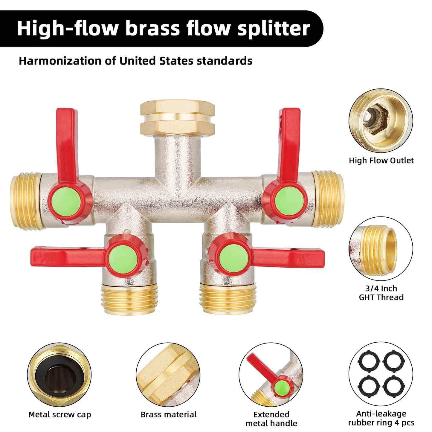 EJW Garden Hose Splitters, 4 Way Hose Splitter, Water Hose Splitters, Hose Bib Splitter, 4 Way Heavy Duty High Flow Splitter, Brass Hose Splitter, Spigot Splitter,Valve 3/4 Inch GHT Thread.