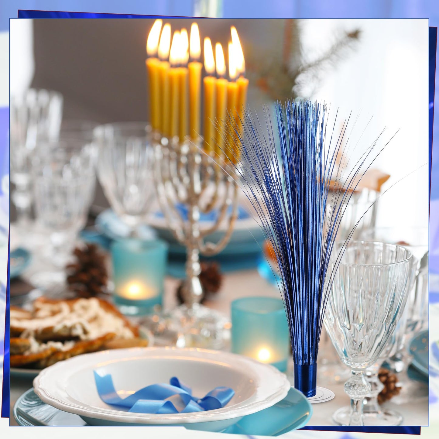 CraftyDream 2 Pcs Metallic Spray Centerpieces Graduation Centerpieces for Tables Decorations with Clear Base Shimmering Foil Sprays for Birthday Easter and Celebration Events(Blue)