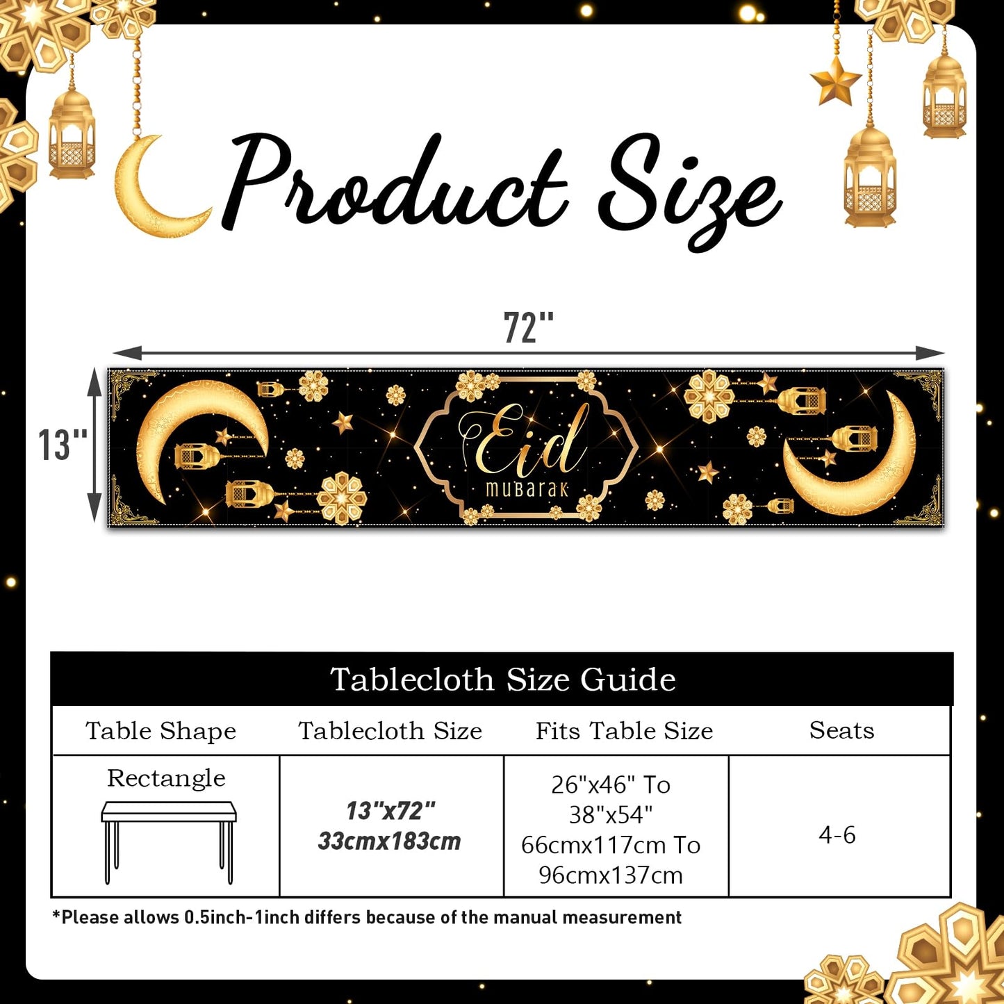 Eid Mubarak Table Runner Table Decorations,Eid Decorations for Home Black and Gold Holiday Kitchen Dining Table Runners with Moon,Star and Lantern for Islamic Table Decor Party Supplies 13 x 72 Inch