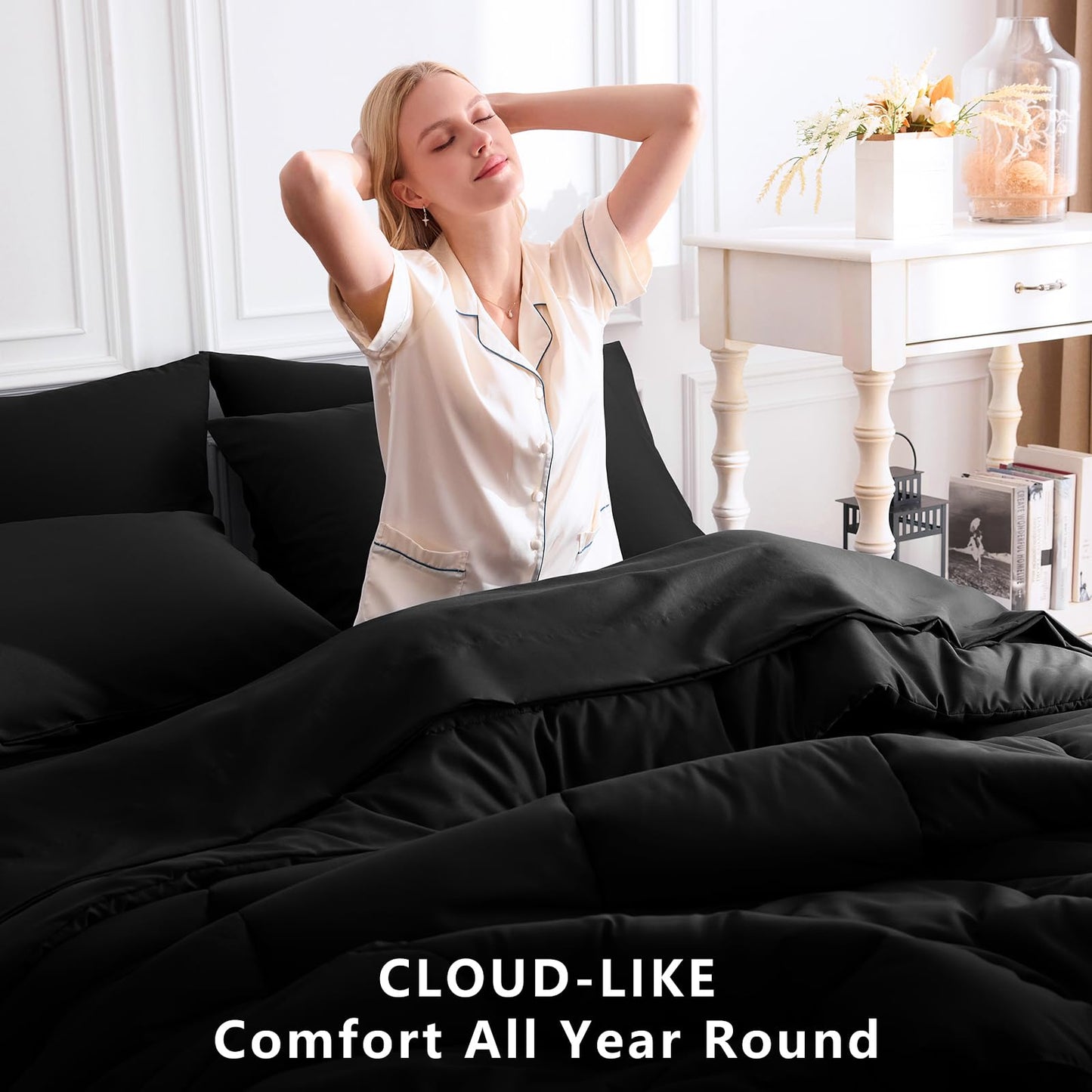 CozyLux Queen Comforter Set Black, 7 Pieces Bed in a Bag, Black Comforter Queen Size, All Season Bedding Sets with Stitch Quilted Comforter, Flat Sheet, Fitted Sheet, Pillowcases