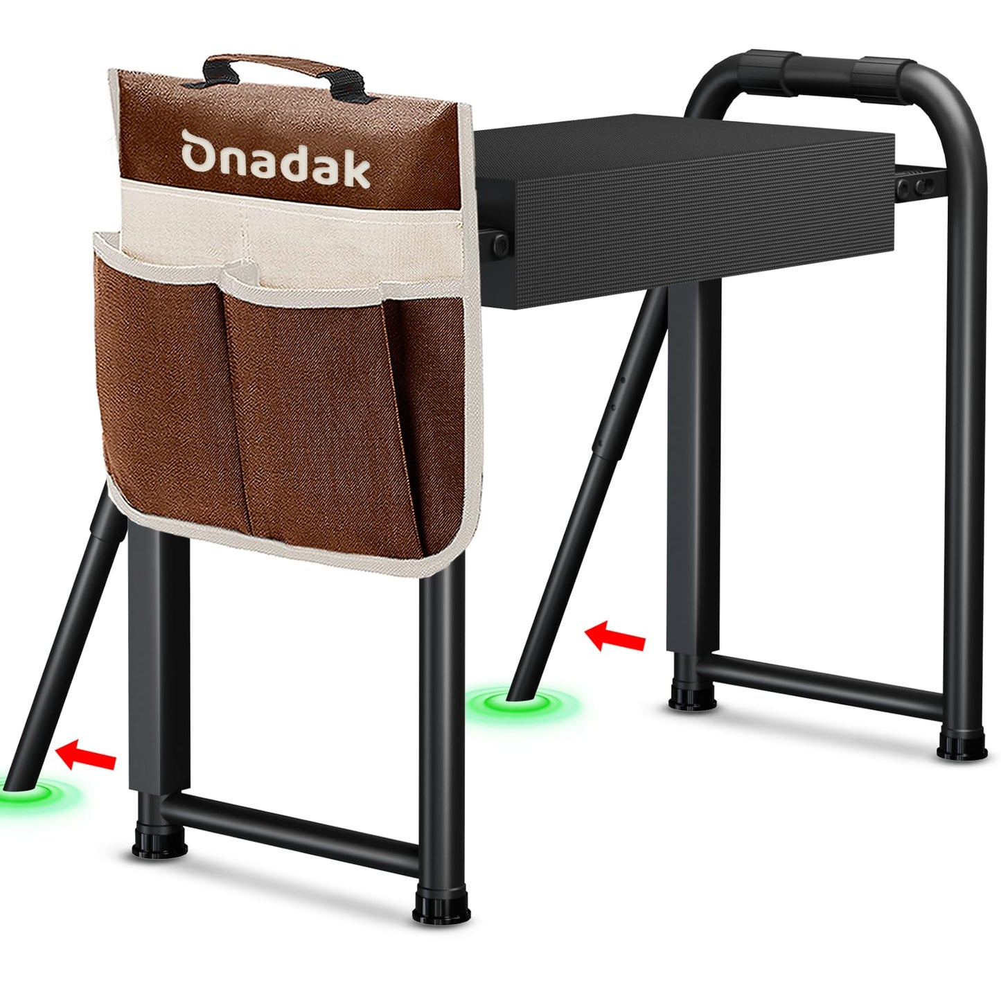 Onadak Heavy Duty Garden Kneeler & Seat with Support Legs, 400lbs Capacity Foldable Gardening Stool, Extra Thick Pad & Large Tool Organizer Bag, Ergonomic for Seniors - Dark Black
