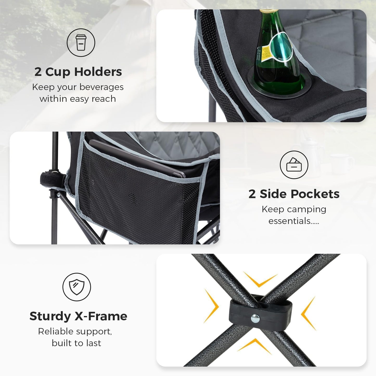 3 Person Camping Chair Oversized Padded Loveseat Camping Chairs Heavy Duty Folding Outdoor Couch with Cup Holder & Phone Side Pocket Extra Wide Outdoor Loveseat for Camping, Tailgating, Lawn Black