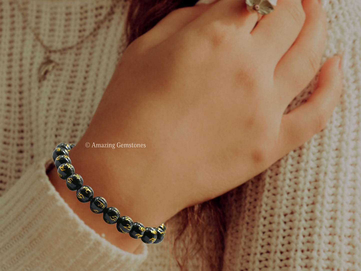 Amazing Gemstone Crystal Bracelet for Women Men's Gifts - Protection Healing Crystal Bracelet - 8mm Gemstone Beaded Stretchable Bracelet Pulseras Para Hombres Mujer Stocking Stuffers Mothers Day Gift (Black Agate (Om Mani Padme Hum))