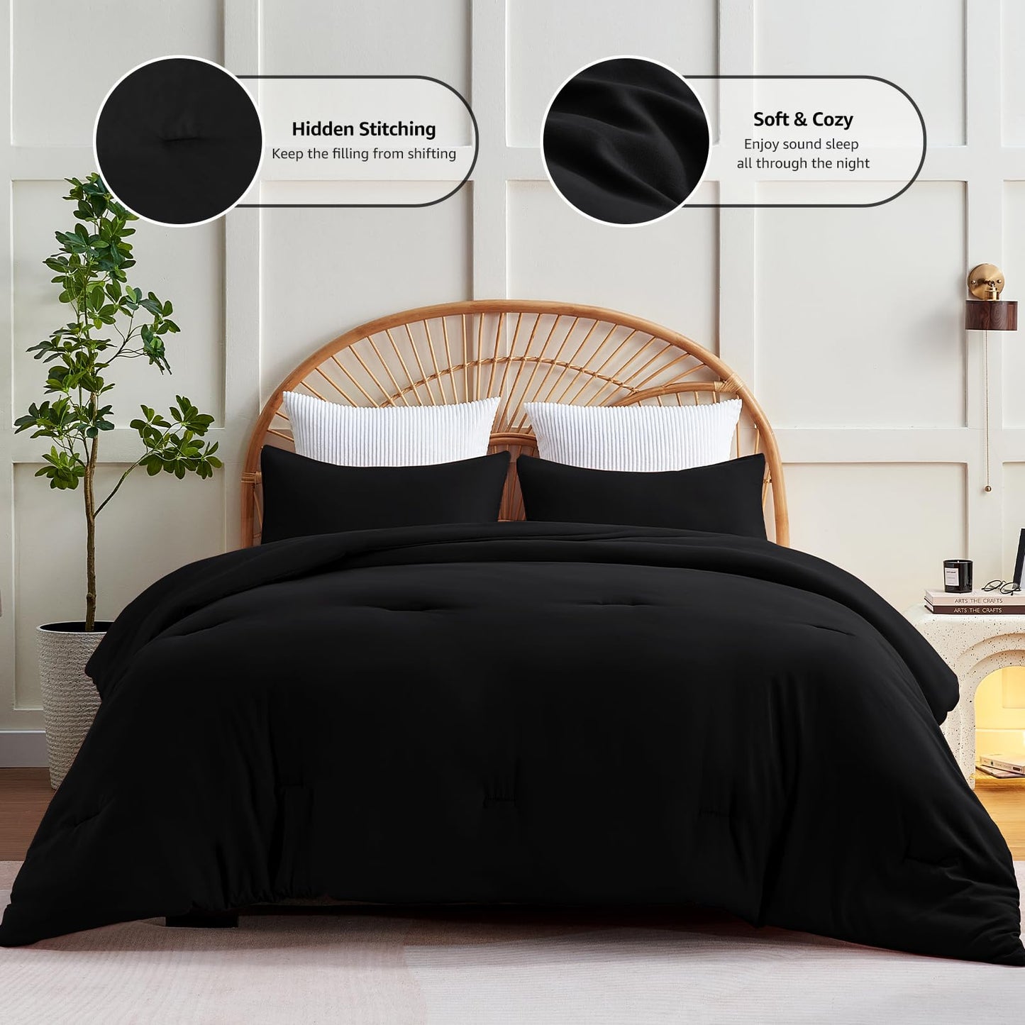 CozyLux Queen Comforter Set Black, 3 Pieces Solid Comforters Queen Size Breathable Quilted Bedding Sets, Luxury Soft Microfiber Down Alternative Comforter for All Season (1 Comforter & 2 Pillowcases)