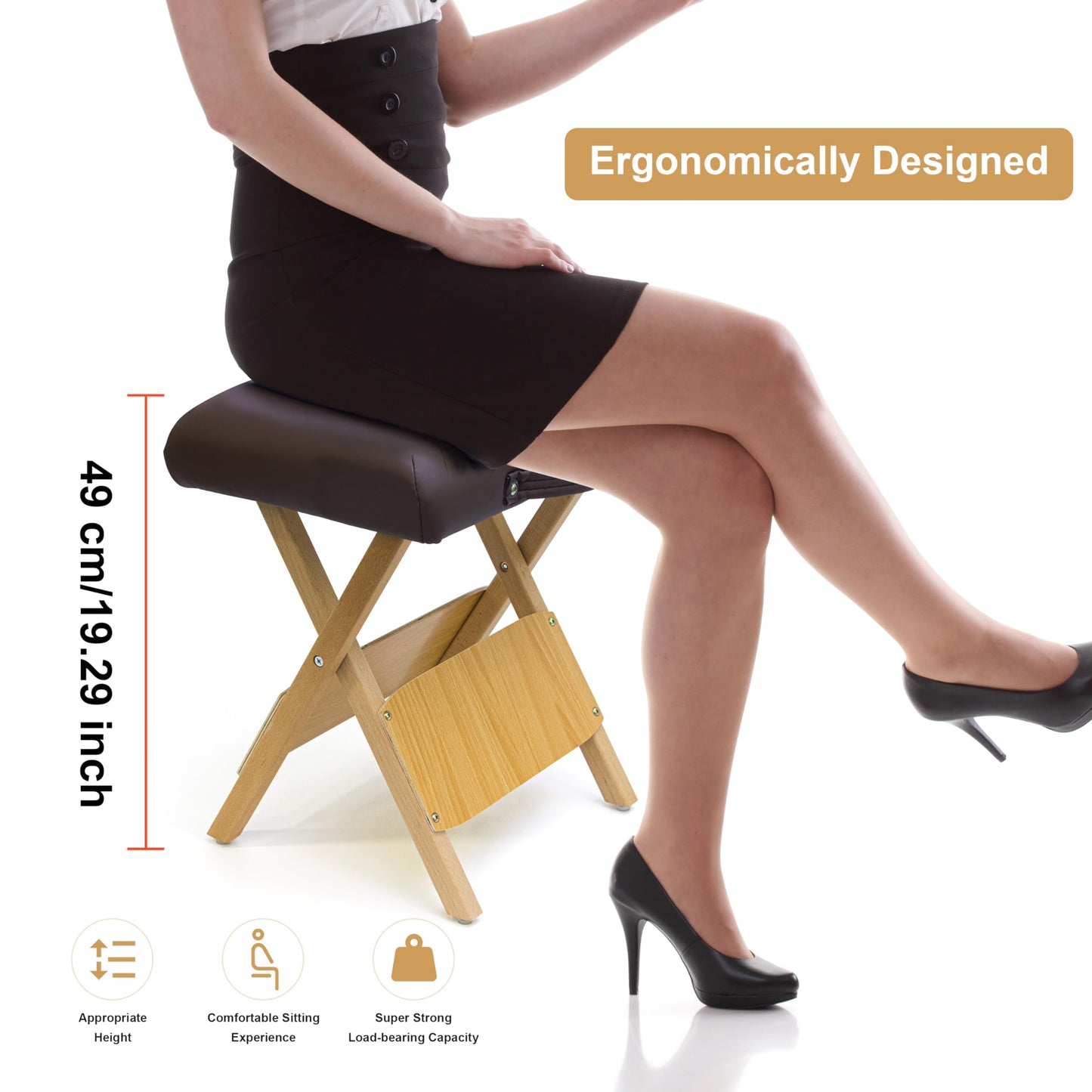 Elitzia Convenient Wooden Folding Stool SPA Beauty Salon Beautician PU Sponge Soft Hand-Held Portable Travel to Folding Low Stool Comfortable Working Wood Foldable Chair Home ET20646 (Coffee Colour)