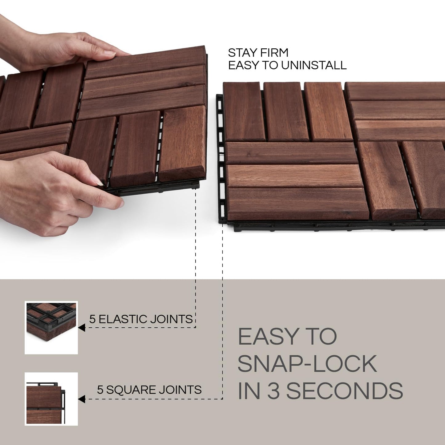 THYOI Premium Deck Tiles, Patio Flooring - Outdoor Waterproof Acacia Wood Tiles for All Weather Use - Balcony, Backyard, Indoor & Outdoor (Square Ft) (10, Dark Brown, 12S)
