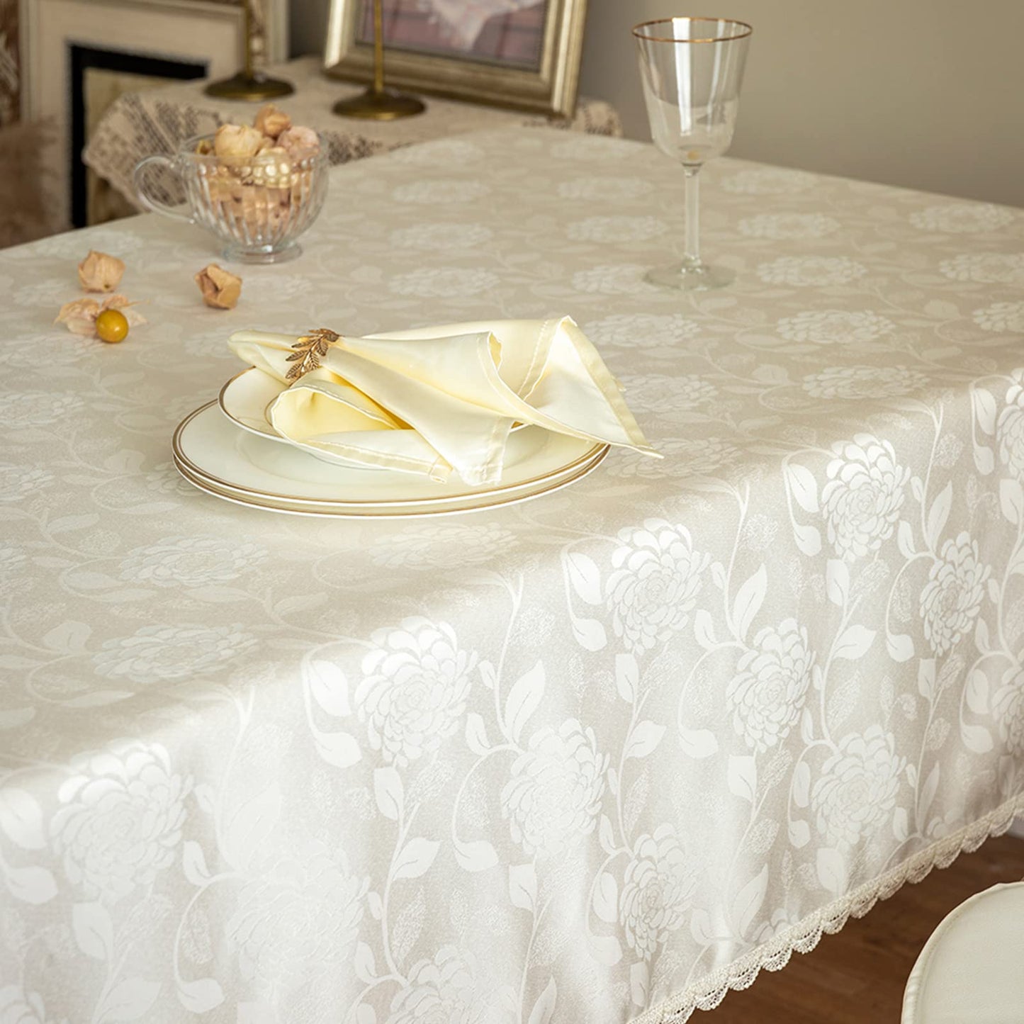 GLORY SEASON Textured Tablecloth Waterproof Spillproof Lace Trim Rectangle Jacquard Fabric Table Cloth, Kitchen Dinning Tabletop Decoration, Round Table Cover for Outdoor Use 55 x 70 Inch, Ivory White
