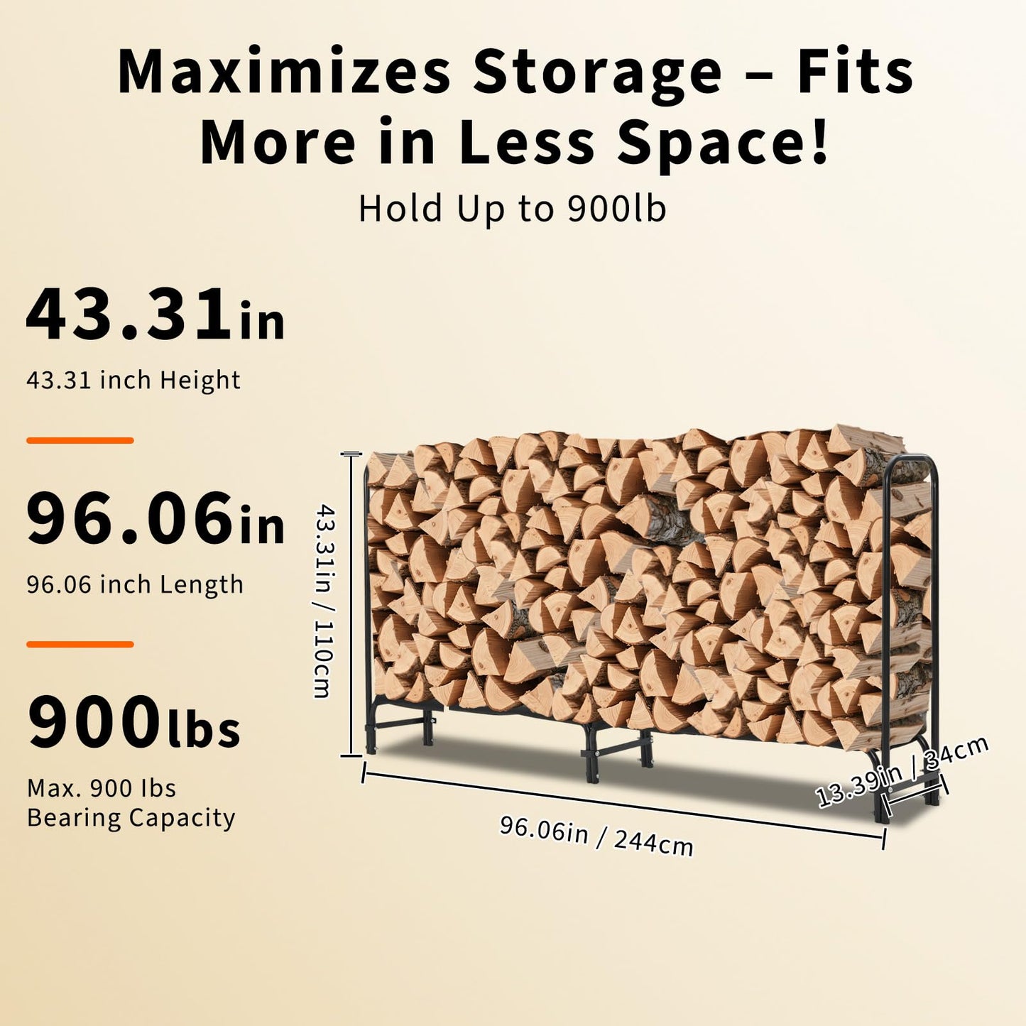 MERXENG 8ft Firewood Rack Holder with Cover, Heavy Duty Fire Log Stacker Stand for Fireplace, Outdoor Indoor Metal Wood Pile Storage Organizer, Patio Logs Stand tool, Black