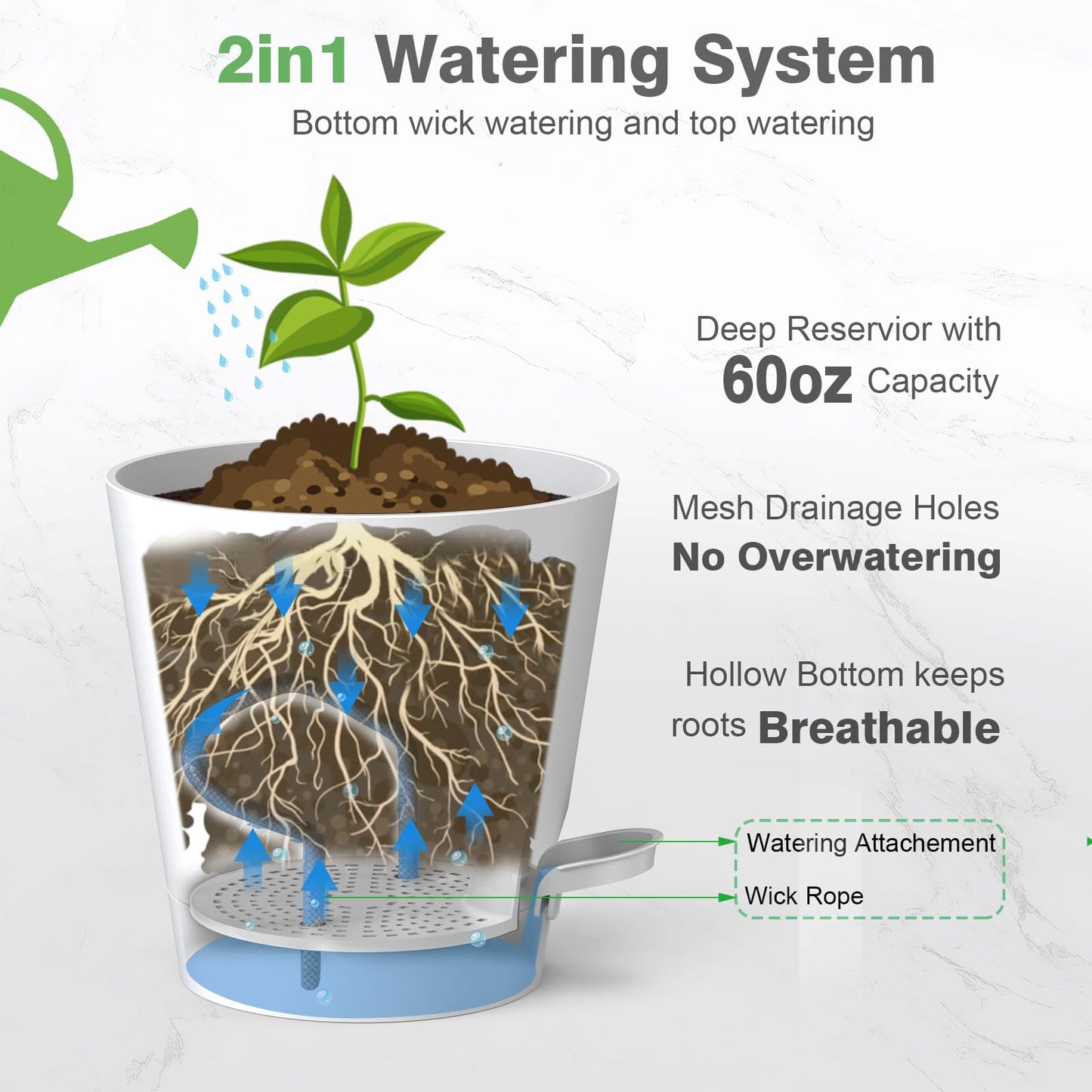 SwinDuck 12inch Large Self Watering Plant Pot, Plastic Cylinder Planter with 60Oz Deep Reservoir and Saucer for Indoor Outdoor Plants Flowers Houseplants, Black with Brown