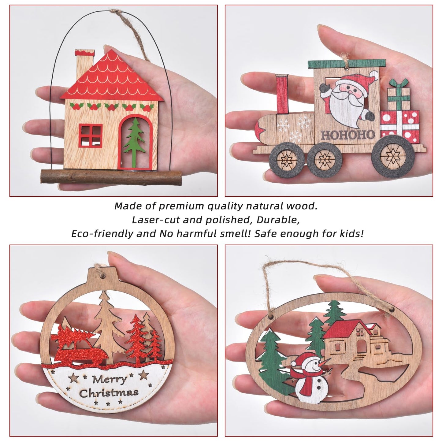 IDATOO Christmas Ornaments, 12 PCS Wooden Christmas Tree Decorations, 3D Rustic Farmhouse Christmas Ornaments Sets Holiday Hanging Decor Keepsake for Party Holiday Home Decor (12pcs Red)