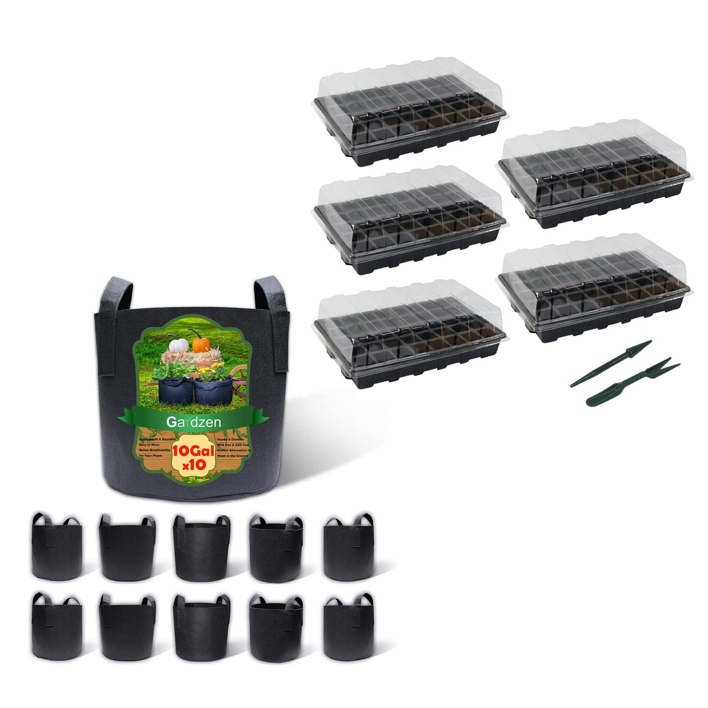 Gardzen 10-Pack 10 Gallon Grow Bags, Aeration Fabric Pots with 5-Set Garden Propagator Set, Seed Starter Tray 15" x 9" (40-Cell Per Tray)