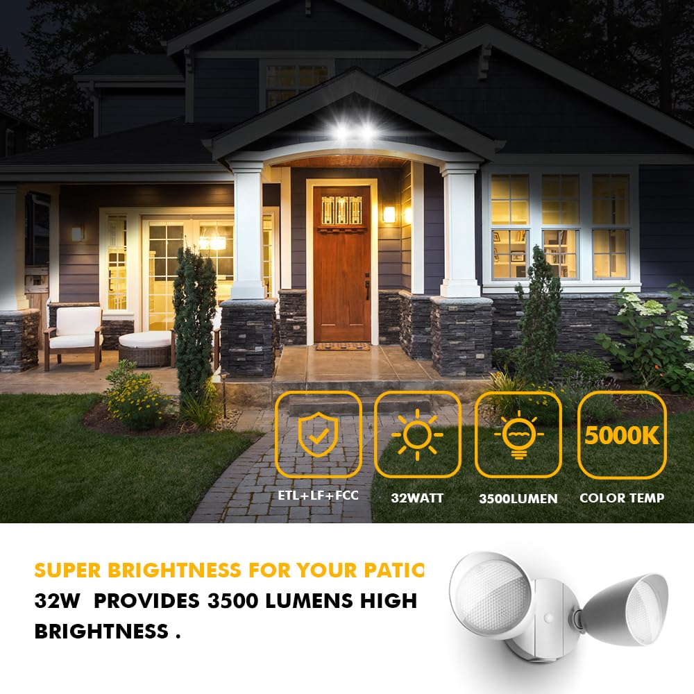 LUTEC 6222W 3500 Lumen 32 Watt 28 LED Dual-Head Floodlight Outdoor, Full Metal Design, Waterproof Exterior Security Wall Light for Patio, Garden, Yard-White
